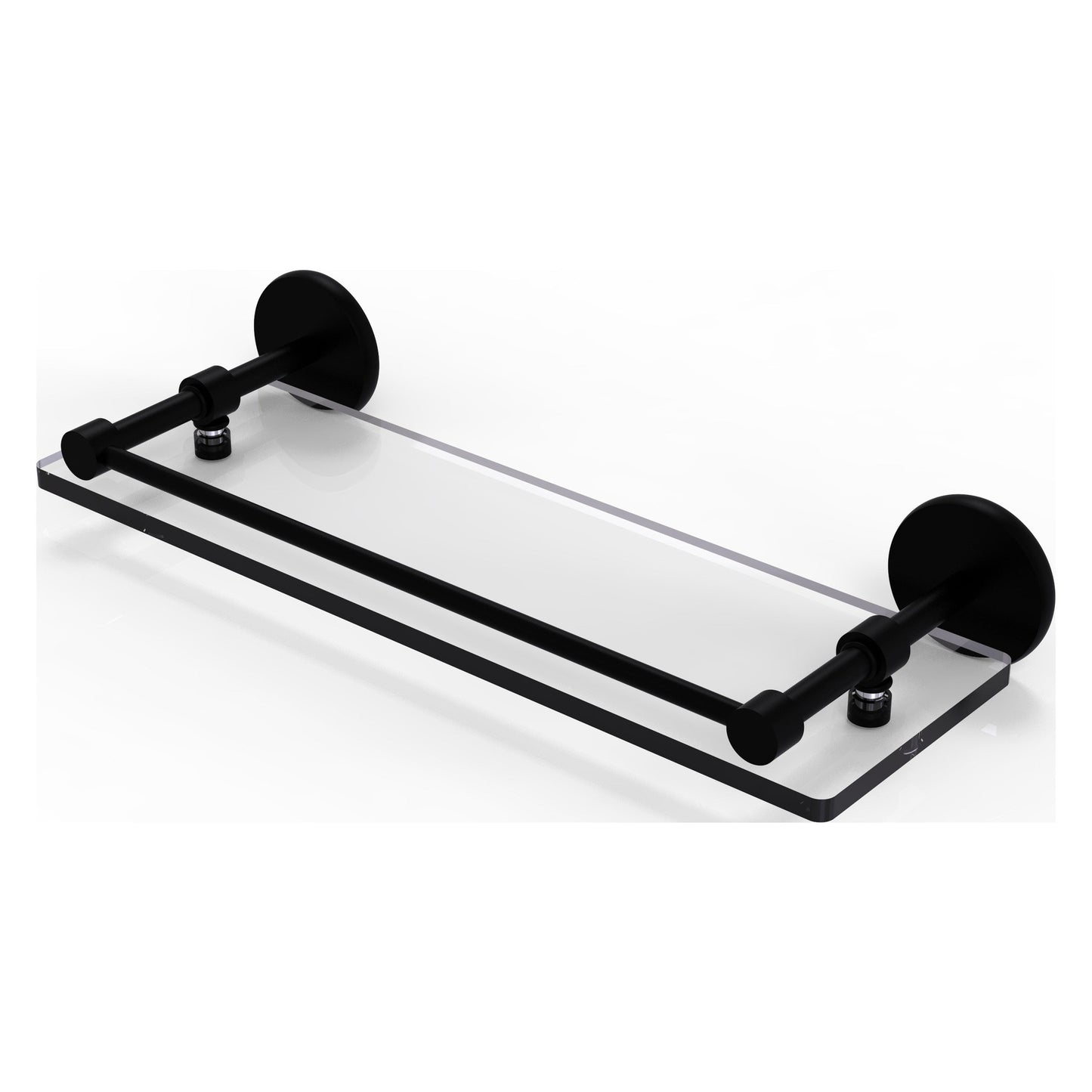 Allied Brass Prestige Skyline 16" x 5" Matte Black Solid Brass Tempered Glass Shelf With Gallery Rail