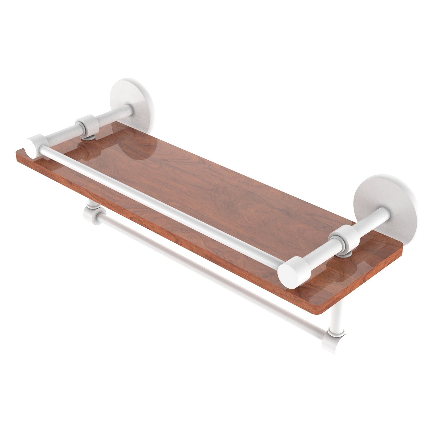 Allied Brass Prestige Skyline 16" x 5" Matte White Solid Brass IPE Ironwood Shelf With Gallery Rail and Towel Bar