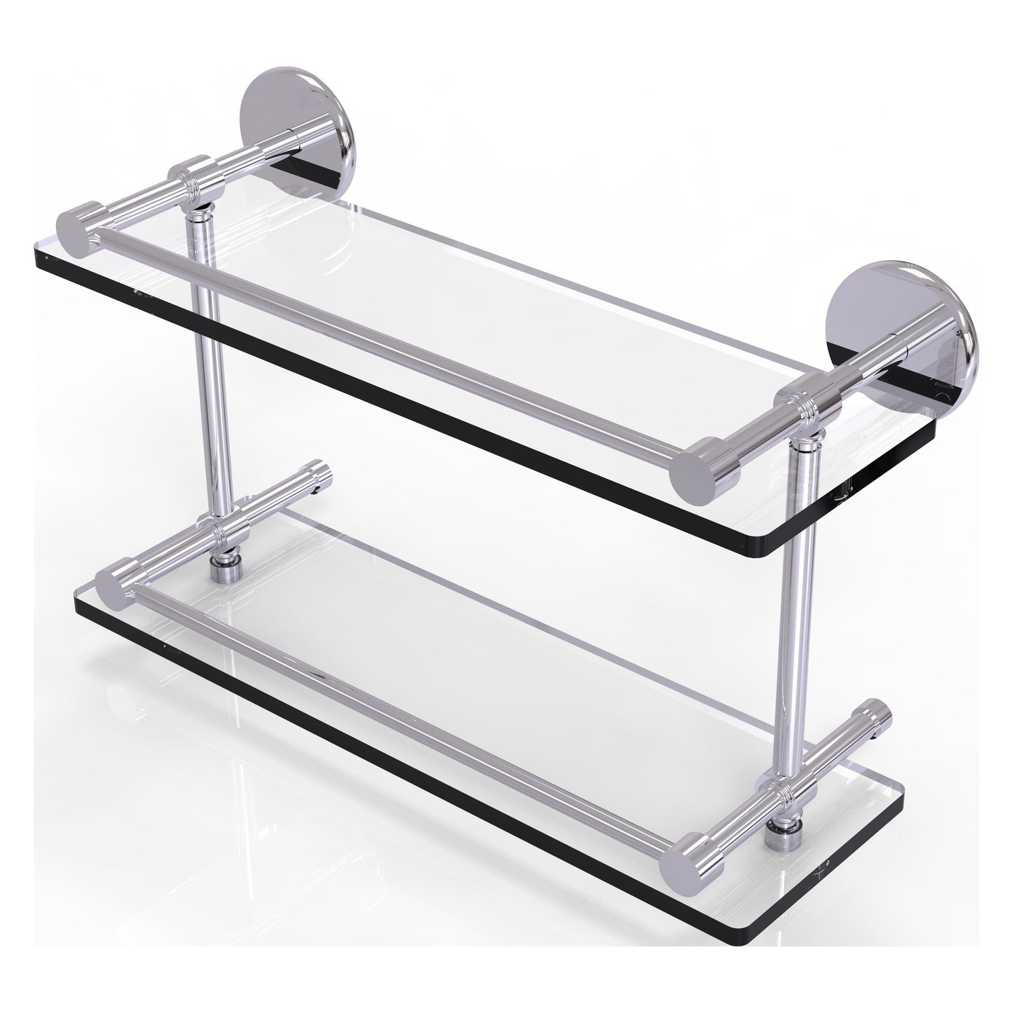 Allied Brass Prestige Skyline 16" x 5" Polished Chrome Solid Brass Tempered Double Glass Shelf With Gallery Rail