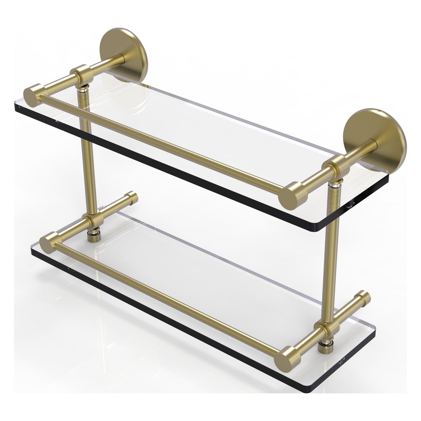Allied Brass Prestige Skyline 16" x 5" Satin Brass Solid Brass Tempered Double Glass Shelf With Gallery Rail