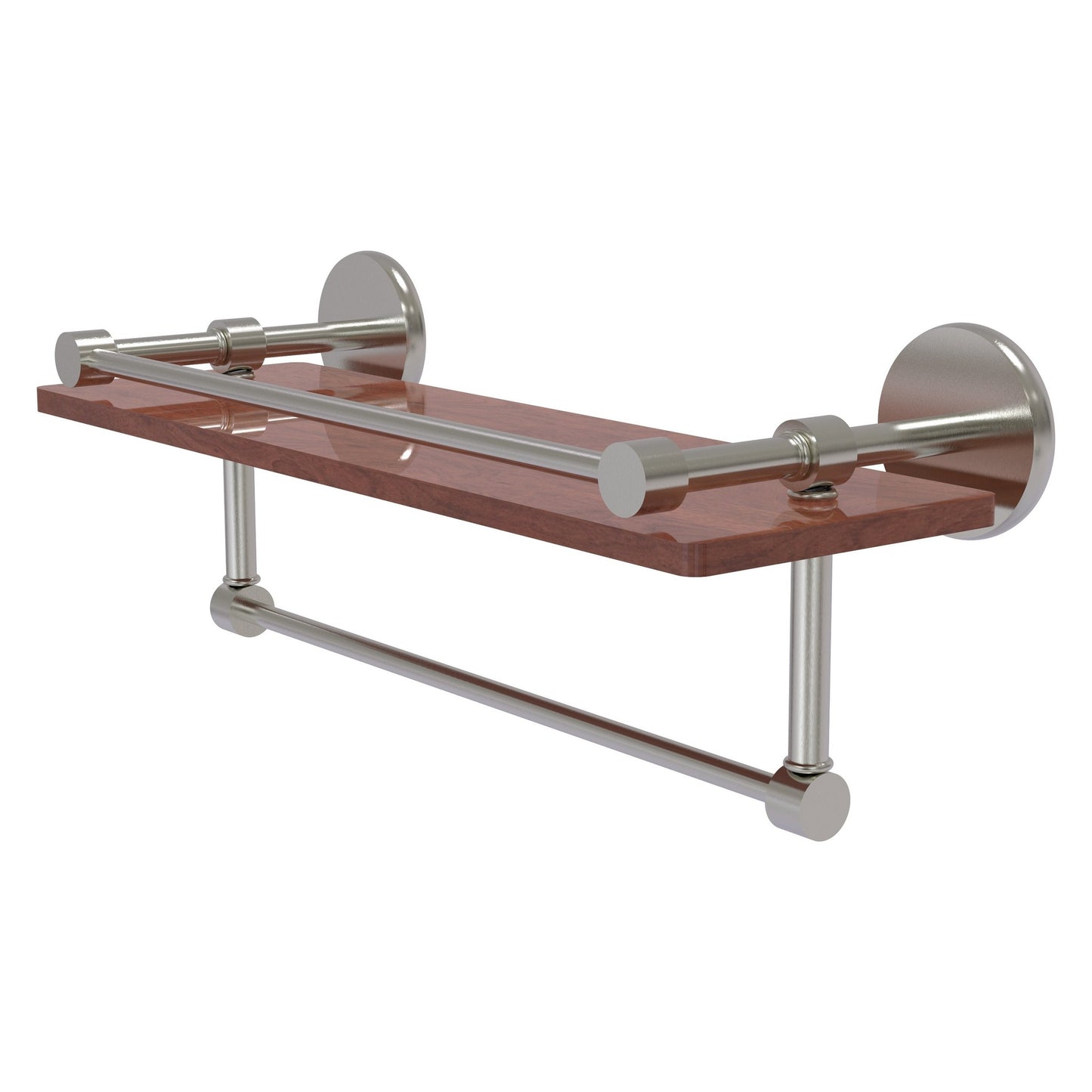 Allied Brass Prestige Skyline 16" x 5" Satin Nickel Solid Brass IPE Ironwood Shelf With Gallery Rail and Towel Bar