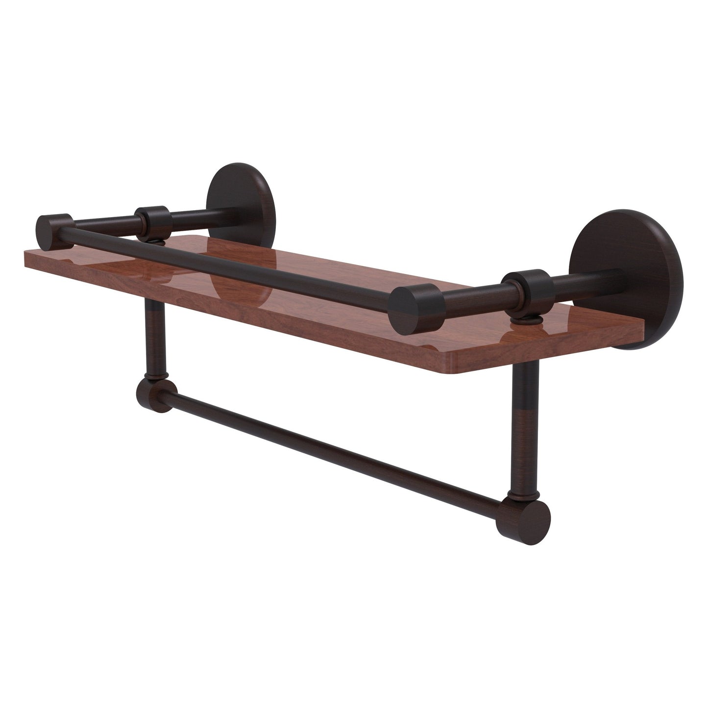 Allied Brass Prestige Skyline 16" x 5" Venetian Bronze Solid Brass IPE Ironwood Shelf With Gallery Rail and Towel Bar