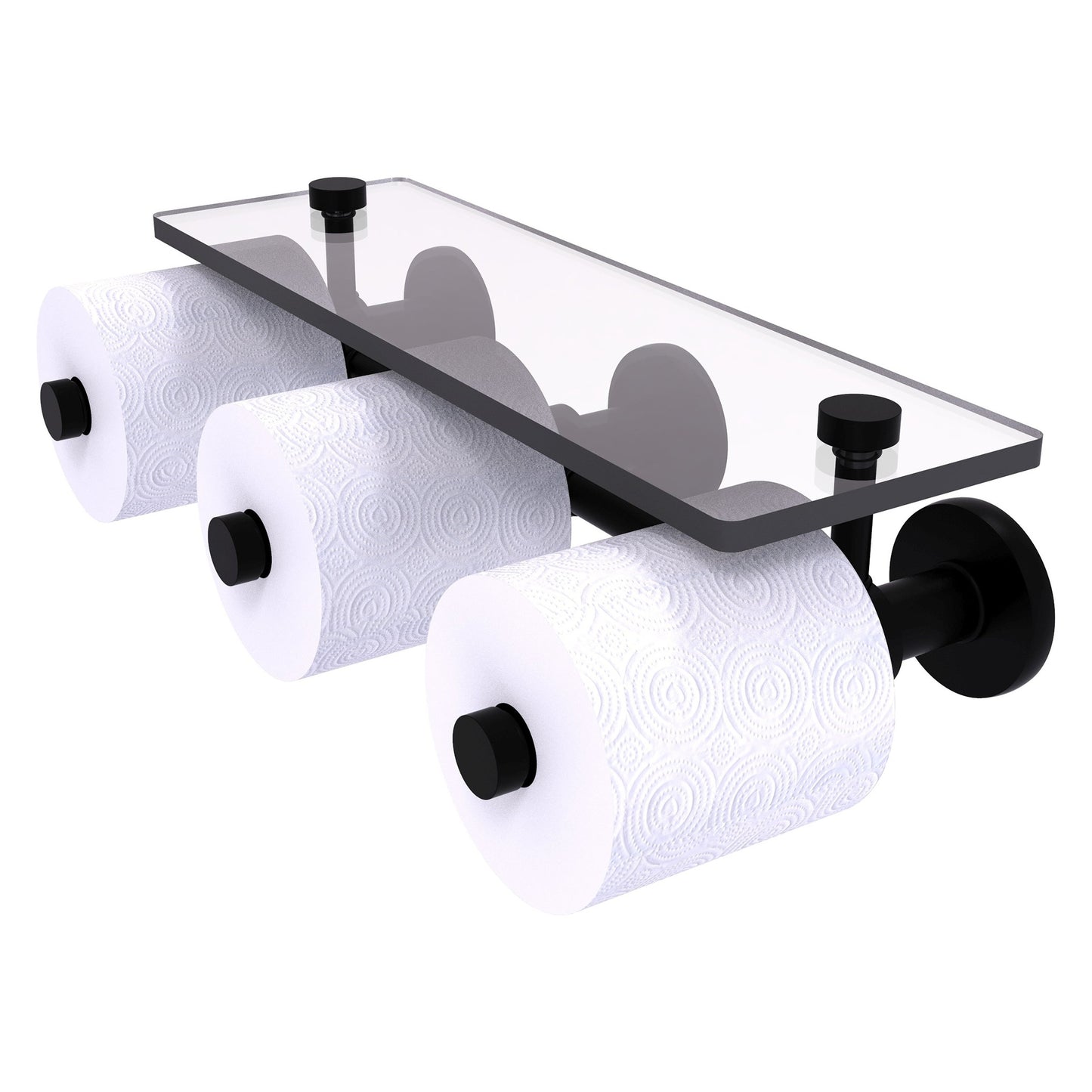 Allied Brass Prestige Skyline 16.2" x 7.9" Matte Black Solid Brass Horizontal Reserve 3-Roll Toilet Paper Holder With Glass Shelf