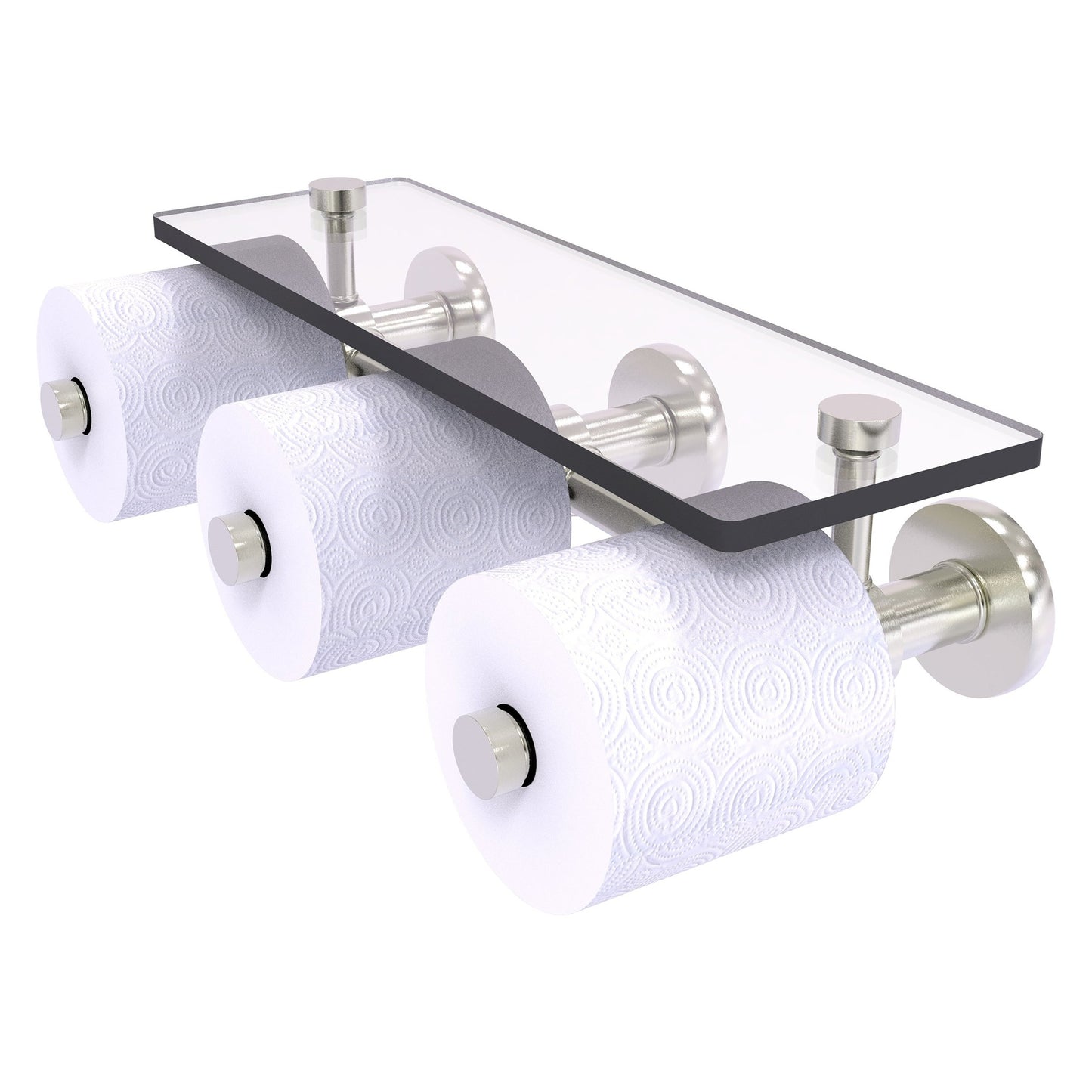 Allied Brass Prestige Skyline 16.2" x 7.9" Satin Nickel Solid Brass Horizontal Reserve 3-Roll Toilet Paper Holder With Glass Shelf