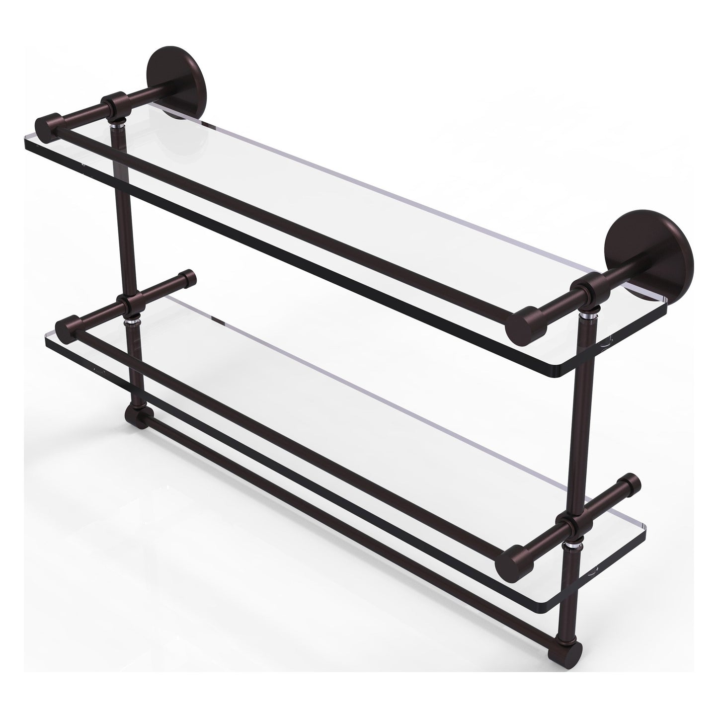 Allied Brass Prestige Skyline 22" x 5" Antique Bronze Solid Brass Double Glass Shelf With Towel Bar