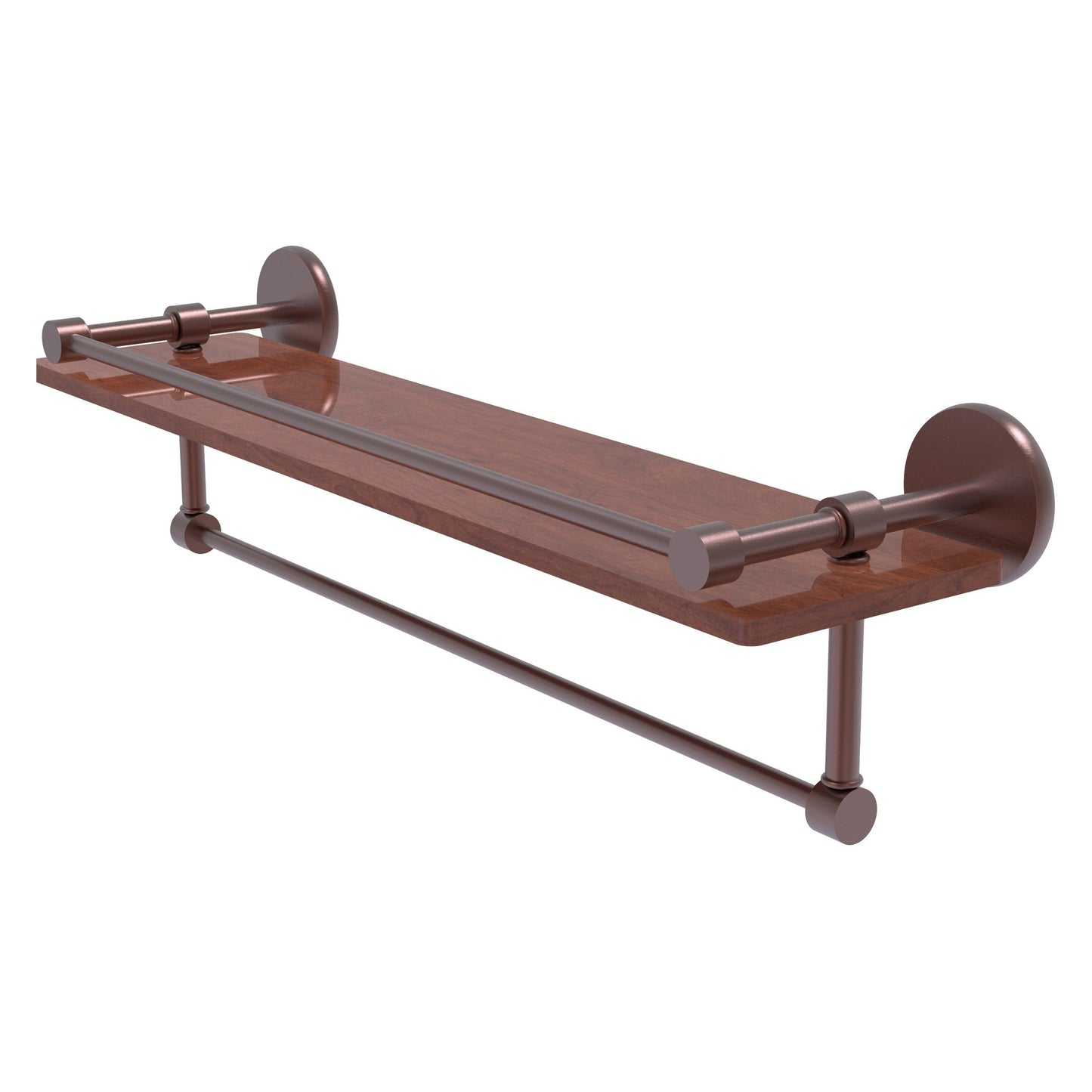 Allied Brass Prestige Skyline 22" x 5" Antique Copper Solid Brass IPE Ironwood Shelf With Gallery Rail and Towel Bar