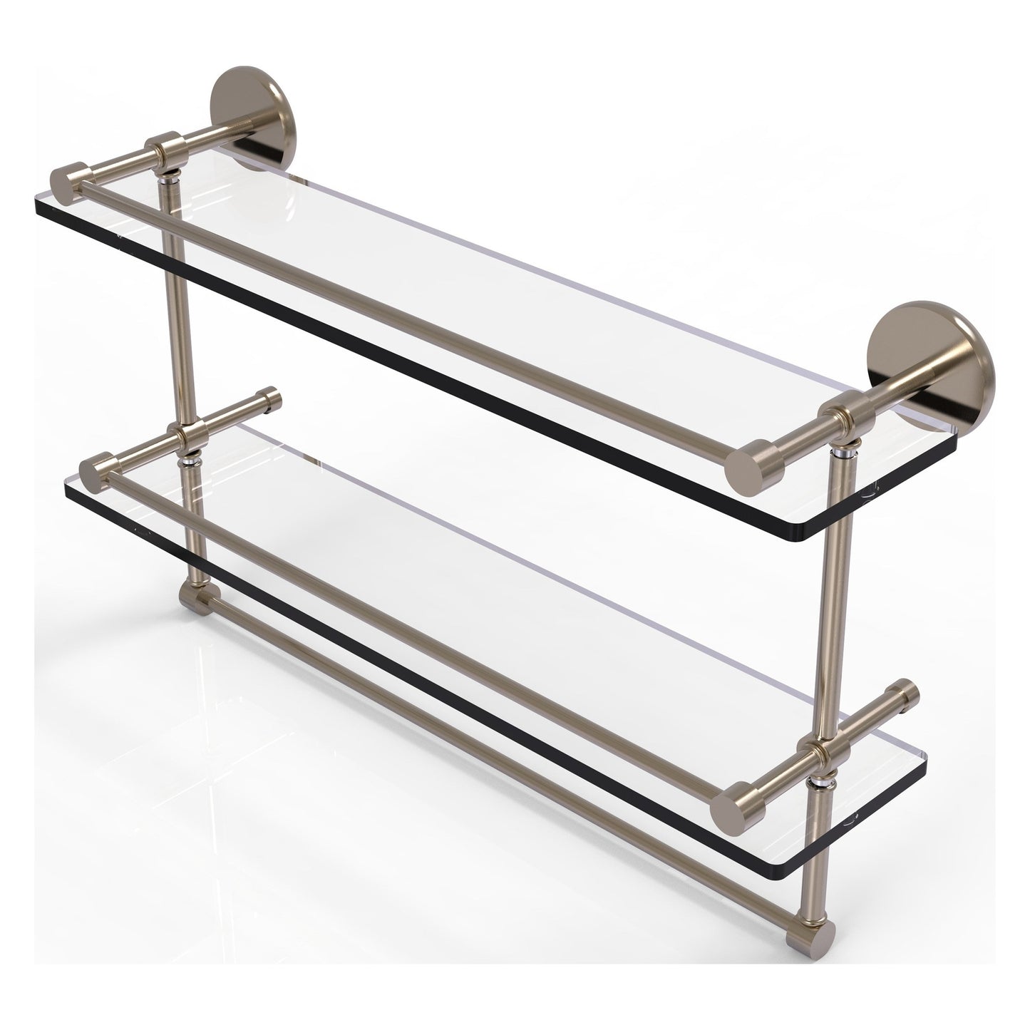 Allied Brass Prestige Skyline 22" x 5" Antique Pewter Solid Brass Double Glass Shelf With Towel Bar