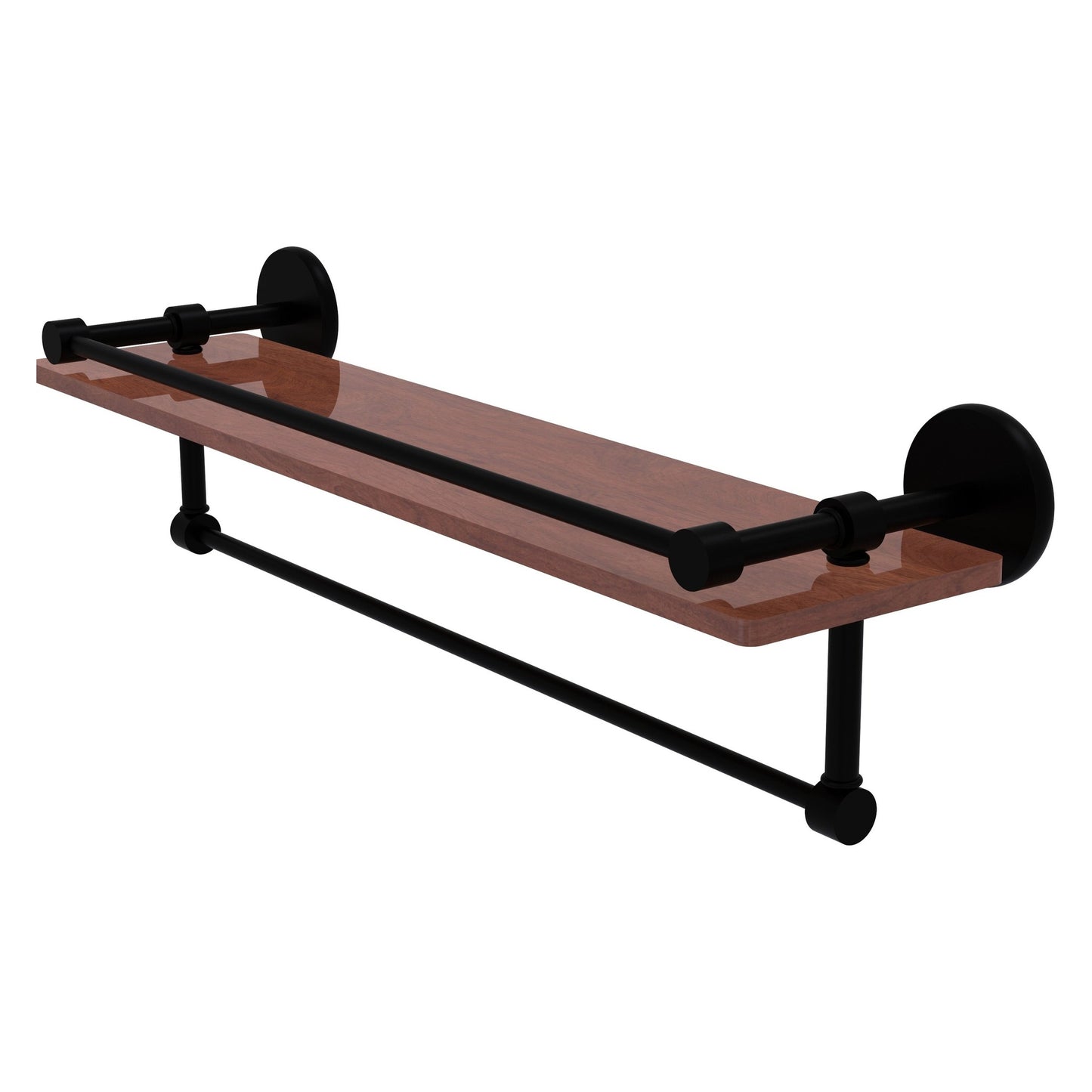 Allied Brass Prestige Skyline 22" x 5" Matte Black Solid Brass IPE Ironwood Shelf With Gallery Rail and Towel Bar