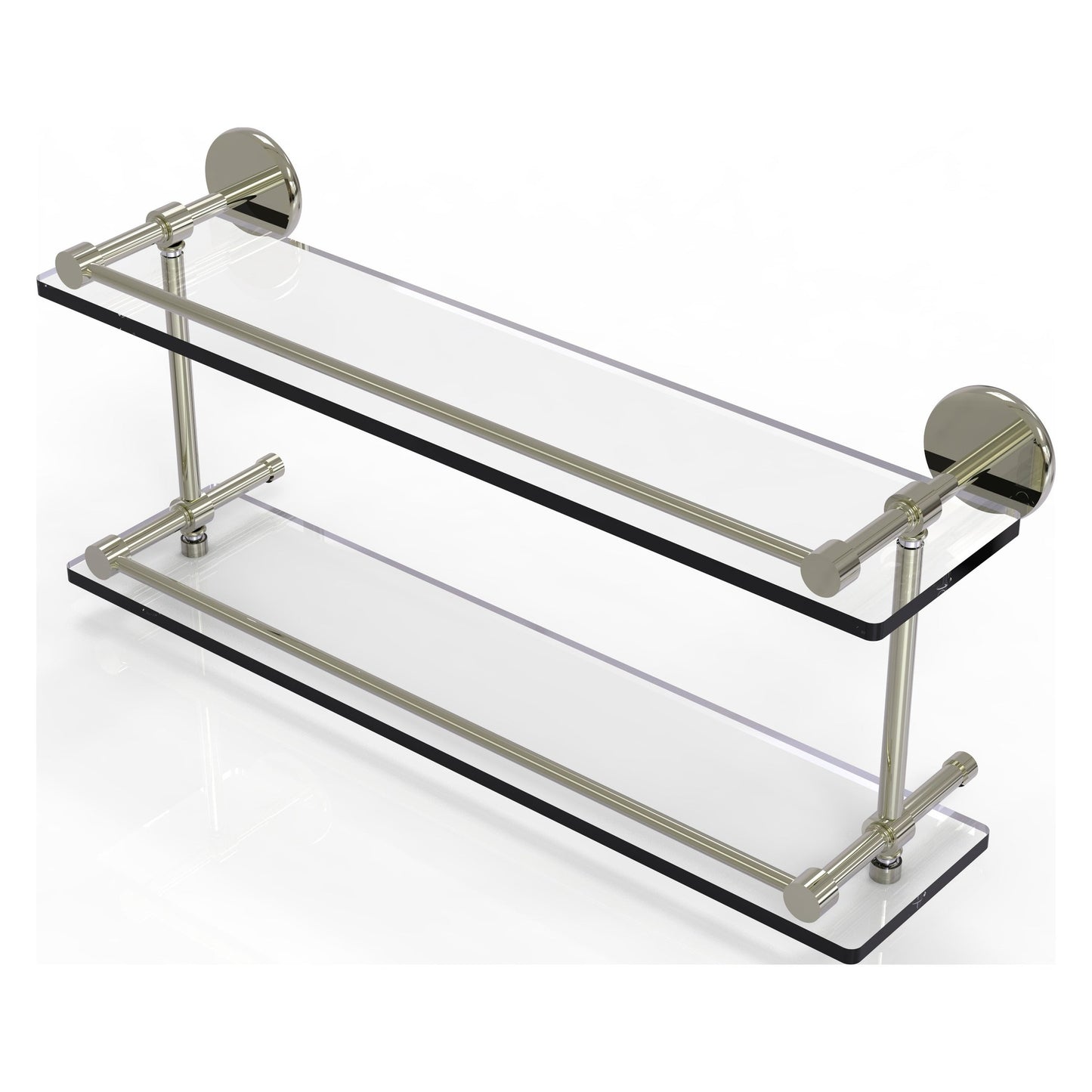 Allied Brass Prestige Skyline 22" x 5" Polished Nickel Solid Brass Tempered Double Glass Shelf With Gallery Rail
