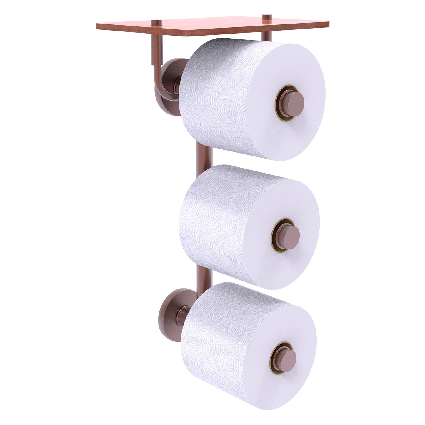Allied Brass Prestige Skyline 8.8" x 7.8" Antique Copper Solid Brass 3-Roll Toilet Paper Holder With Wood Shelf
