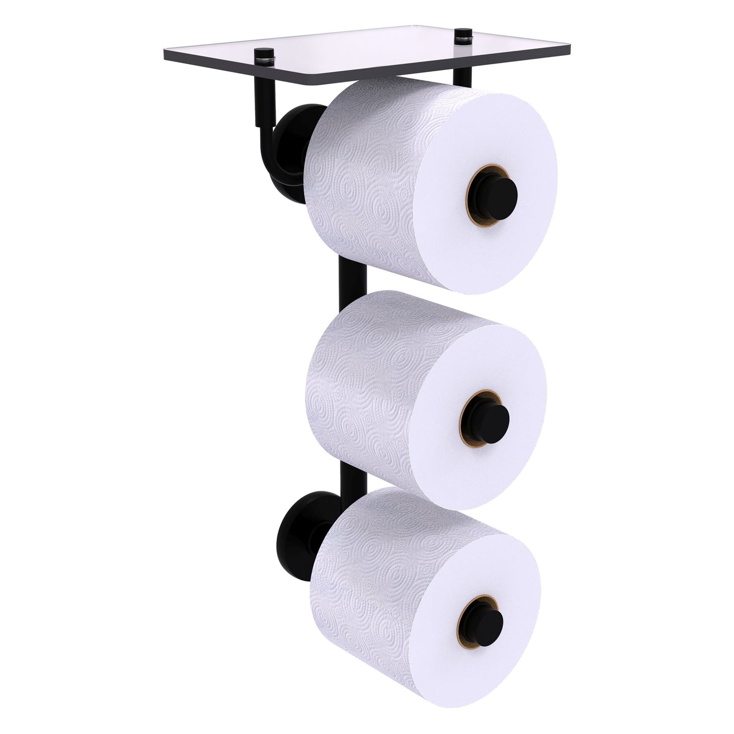 Allied Brass Prestige Skyline 8.8" x 7.8" Matte Black Solid Brass 3-Roll Toilet Paper Holder With Glass Shelf