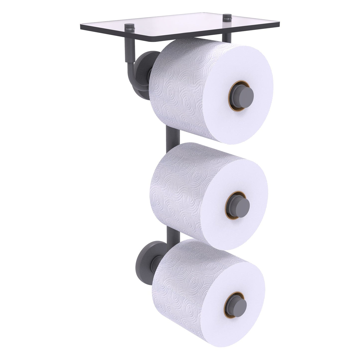 Allied Brass Prestige Skyline 8.8" x 7.8" Matte Gray Solid Brass 3-Roll Toilet Paper Holder With Glass Shelf