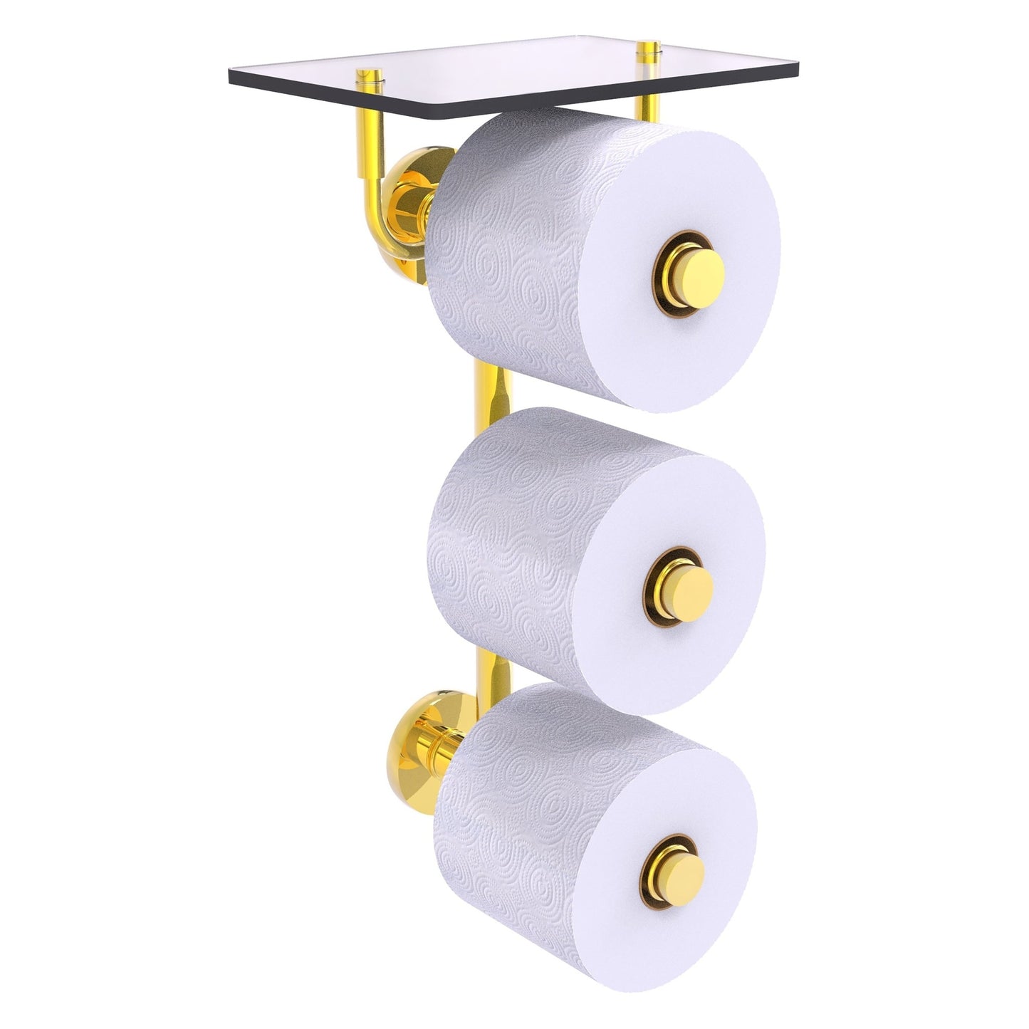 Allied Brass Prestige Skyline 8.8" x 7.8" Polished Brass Solid Brass 3-Roll Toilet Paper Holder With Glass Shelf