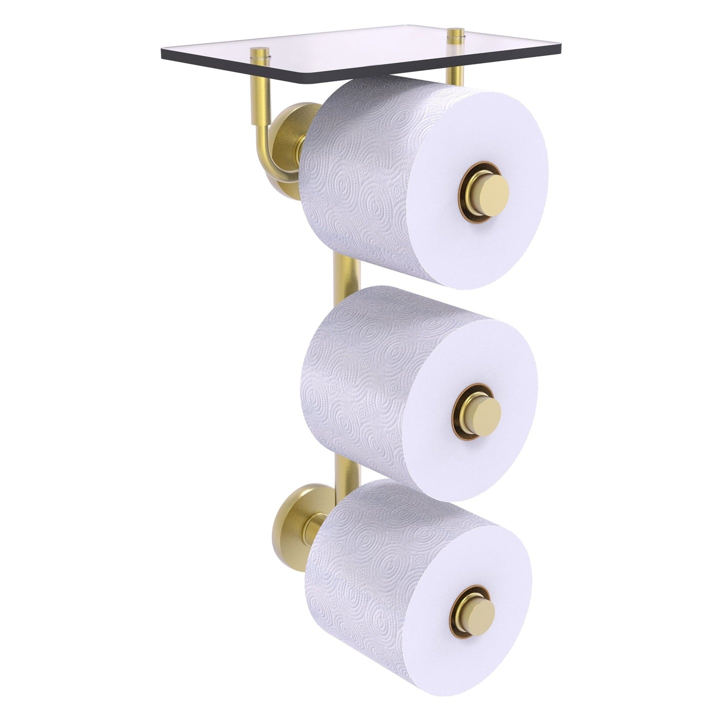 Allied Brass Prestige Skyline 8.8" x 7.8" Satin Brass Solid Brass 3-Roll Toilet Paper Holder With Glass Shelf