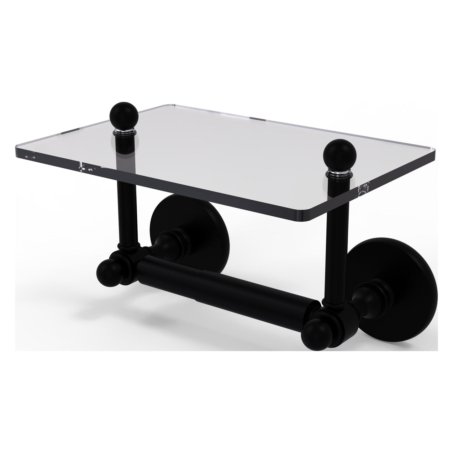 Allied Brass Prestige Skyline 9.3" x 6" Matte Black Solid Brass Two-Post Toilet Tissue Holder With Glass Shelf