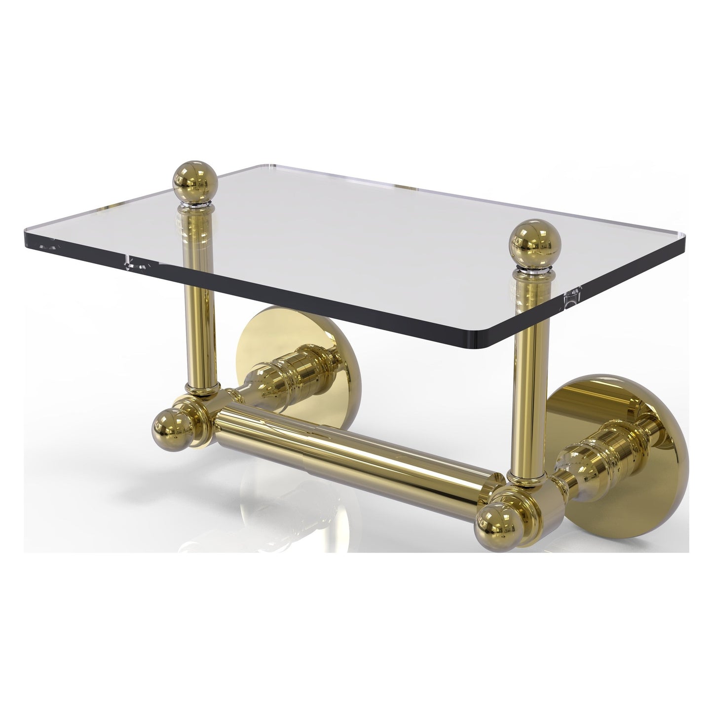 Allied Brass Prestige Skyline 9.3" x 6" Unlacquered Brass Solid Brass Two-Post Toilet Tissue Holder With Glass Shelf