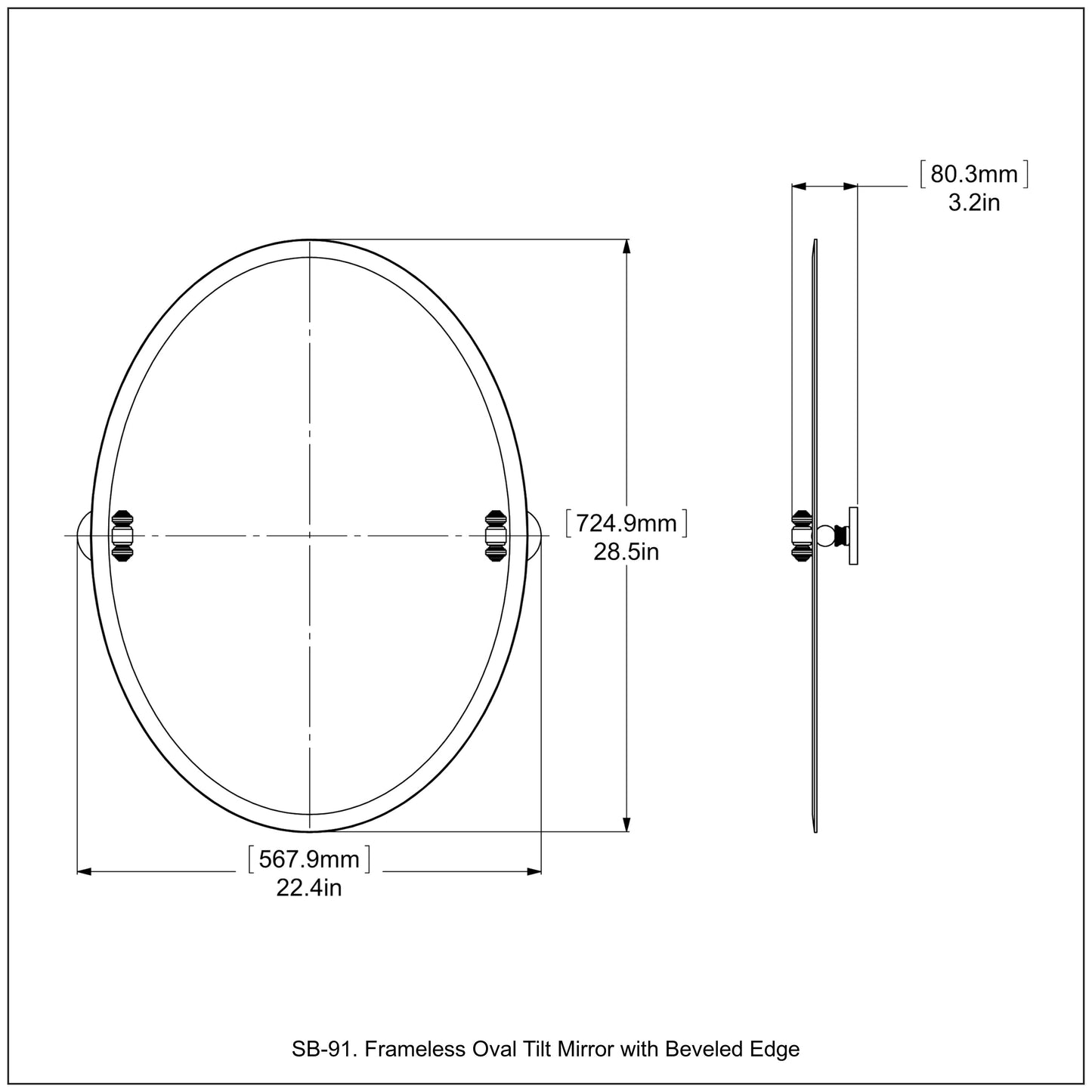 Allied Brass SB-91-UNL Southbeach Unlacquered Brass Oval Frameless Wall Tilt Mirror
