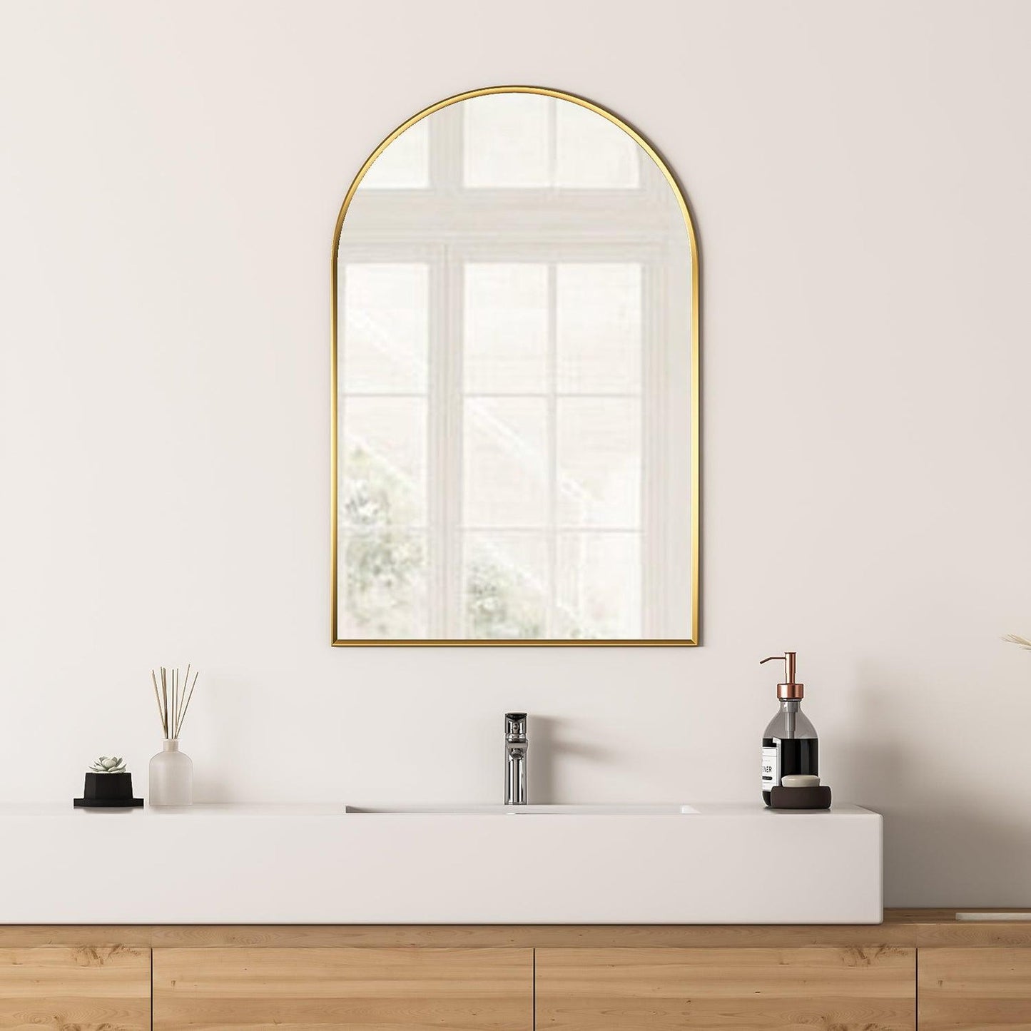 Altair Benoni 24" x 36" Arch Brushed Gold Aluminum Framed Wall-Mounted Mirror