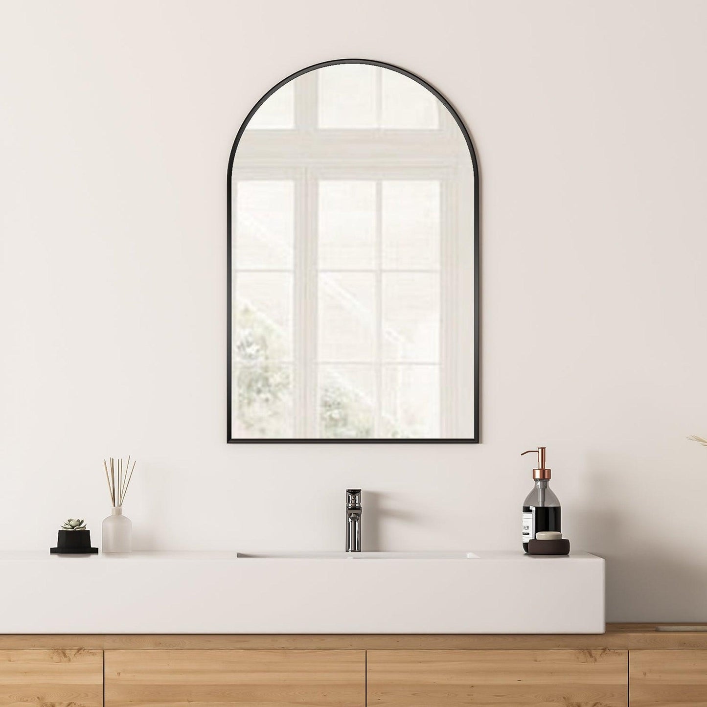Altair Benoni 24" x 36" Arch Matte Black Aluminum Framed Wall-Mounted Mirror