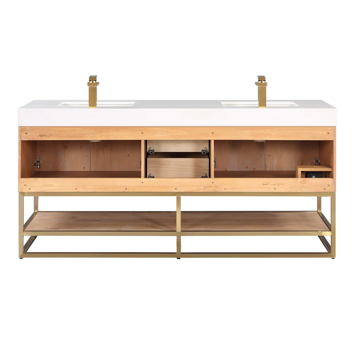 Altair Bianco 72" Light Brown Freestanding Double Bathroom Vanity Set With Brushed Gold Support Base, White Composite Stone Top, Two Rectangular Undermount Ceramic Sinks, and Overflow