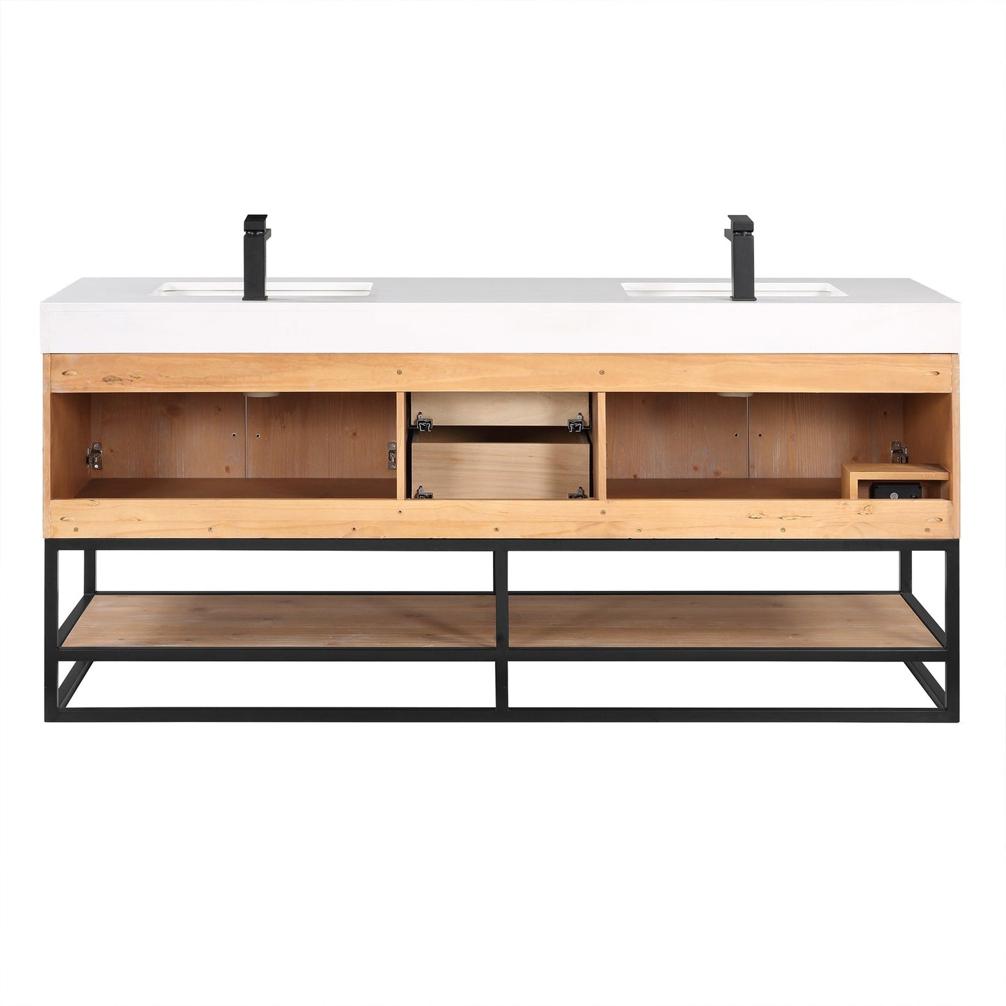 Altair Bianco 72" Light Brown Freestanding Double Bathroom Vanity Set With Matte Black Support Base, White Composite Stone Top, Two Rectangular Undermount Ceramic Sinks, and Overflow
