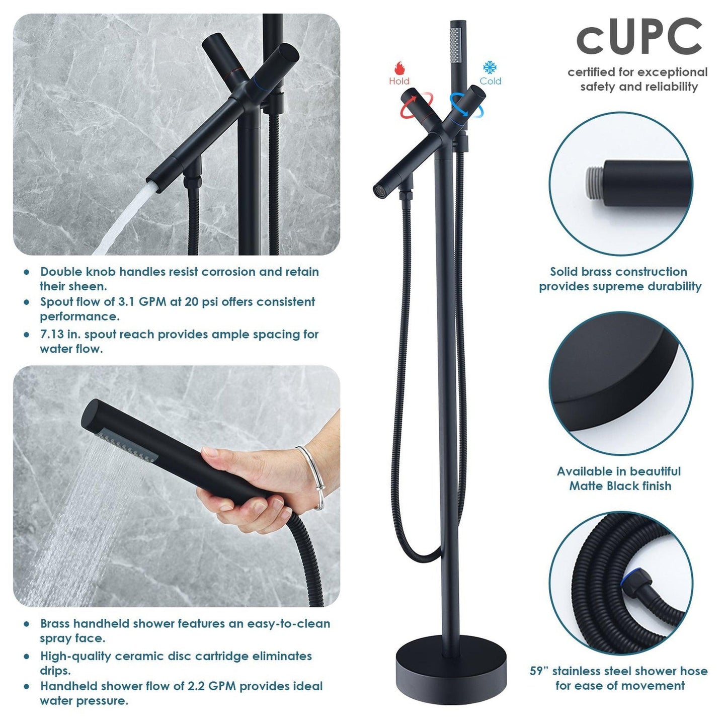 Altair Brulon Matte Black Double Knob Handle Freestanding Bathtub Faucet With Handshower