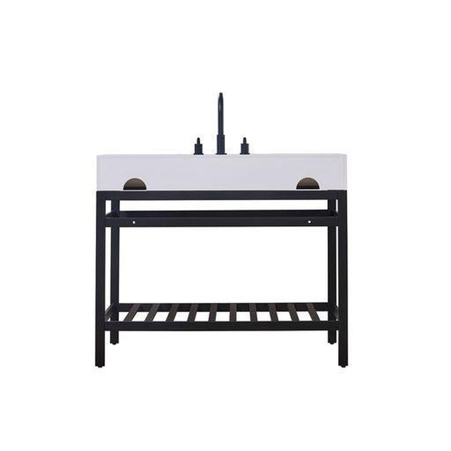 Altair Edolo 42" Matte Black Single Stainless Steel Bathroom Vanity Set Console With Mirror, Snow White Stone Top, Single Rectangular Undermount Ceramic Sink, and Safety Overflow Hole