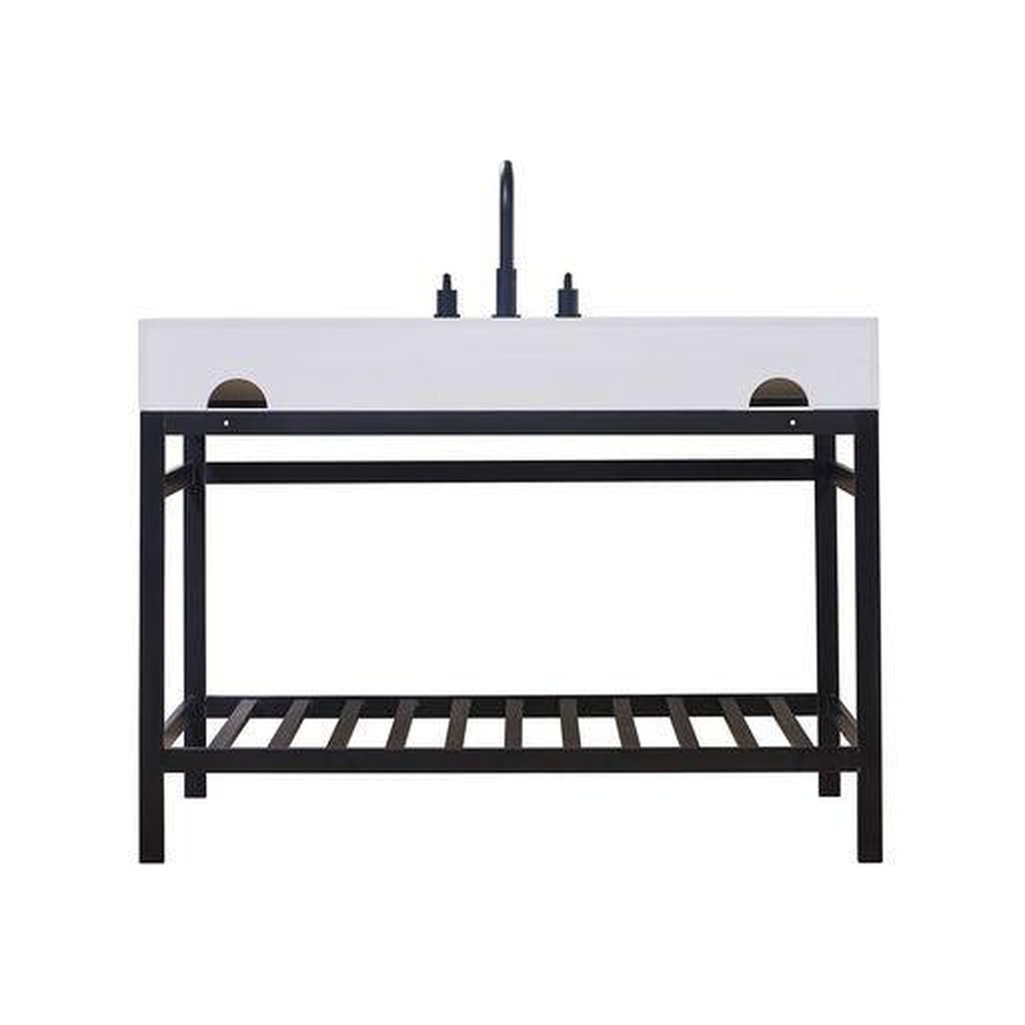 Altair Edolo 48" Matte Black Single Stainless Steel Bathroom Vanity Set Console With Snow White Stone Top, Single Rectangular Undermount Ceramic Sink, and Safety Overflow Hole