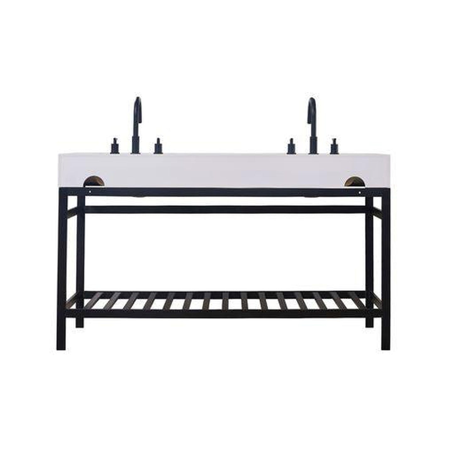 Altair Edolo 60" Matte Black Double Stainless Steel Bathroom Vanity Set Console With Mirror, Snow White Stone Top, Two Rectangular Undermount Ceramic Sinks, and Safety Overflow Hole