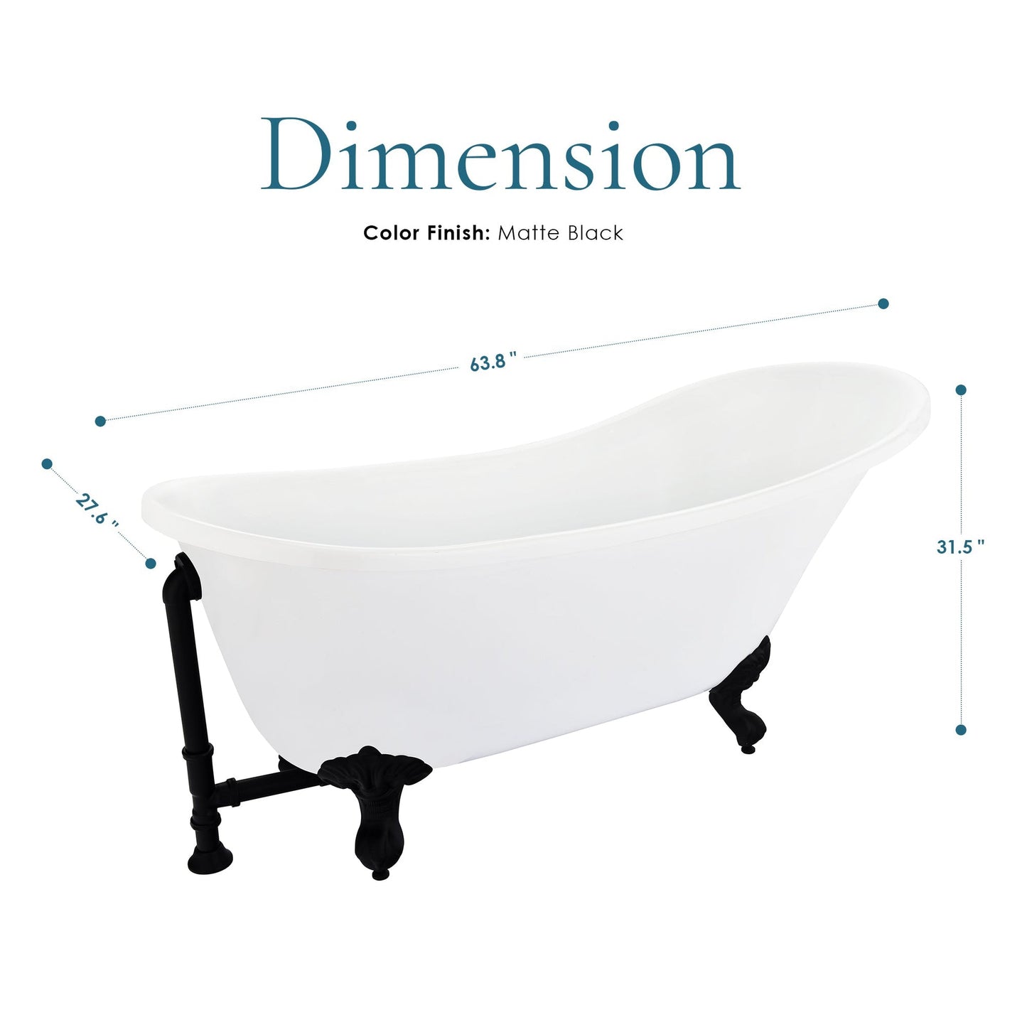 Altair Fandi 64" x 28" White Acrylic Clawfoot Bathtub With Matte Black Drain and Overflow