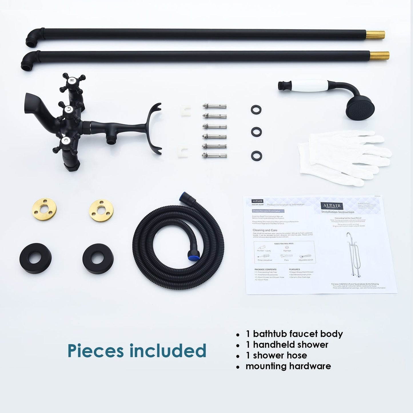 Altair Forcé Matte Black Vintage Style Cross Handle Claw Foot Freestanding Bathtub Faucet With Handshower