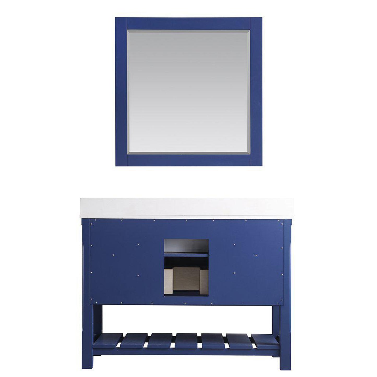 Altair Georgia 48" Single Jewelry Blue Freestanding Bathroom Vanity Set With Mirror, Aosta White Composite Stone Top, Rectangular Farmhouse Sink, Overflow, and Backsplash