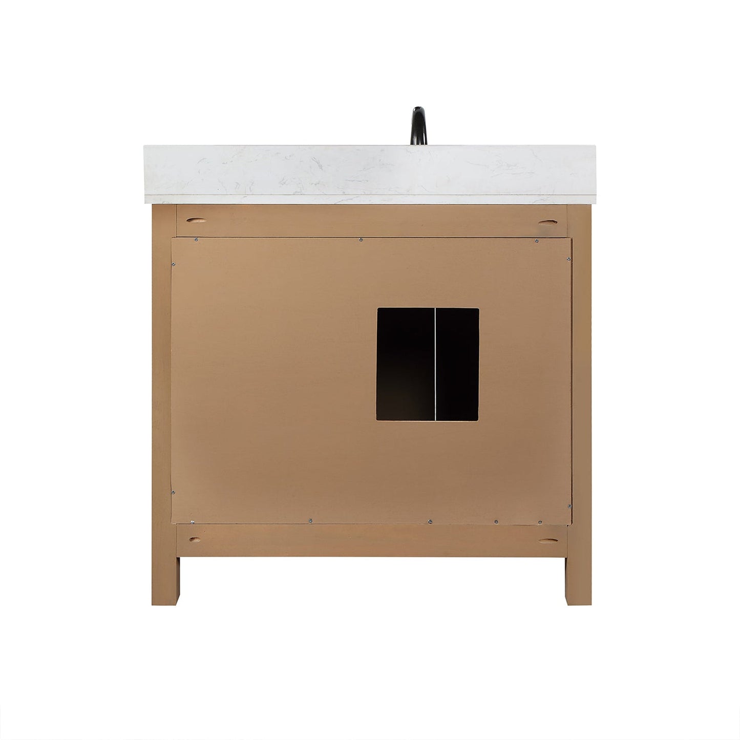 Altair Hadiya 36" Single Brown Pine Freestanding Bathroom Vanity Set With Elegant Aosta White Composite Stone Top, Rectangular Undermount Ceramic Sink, Overflow, and Backsplash