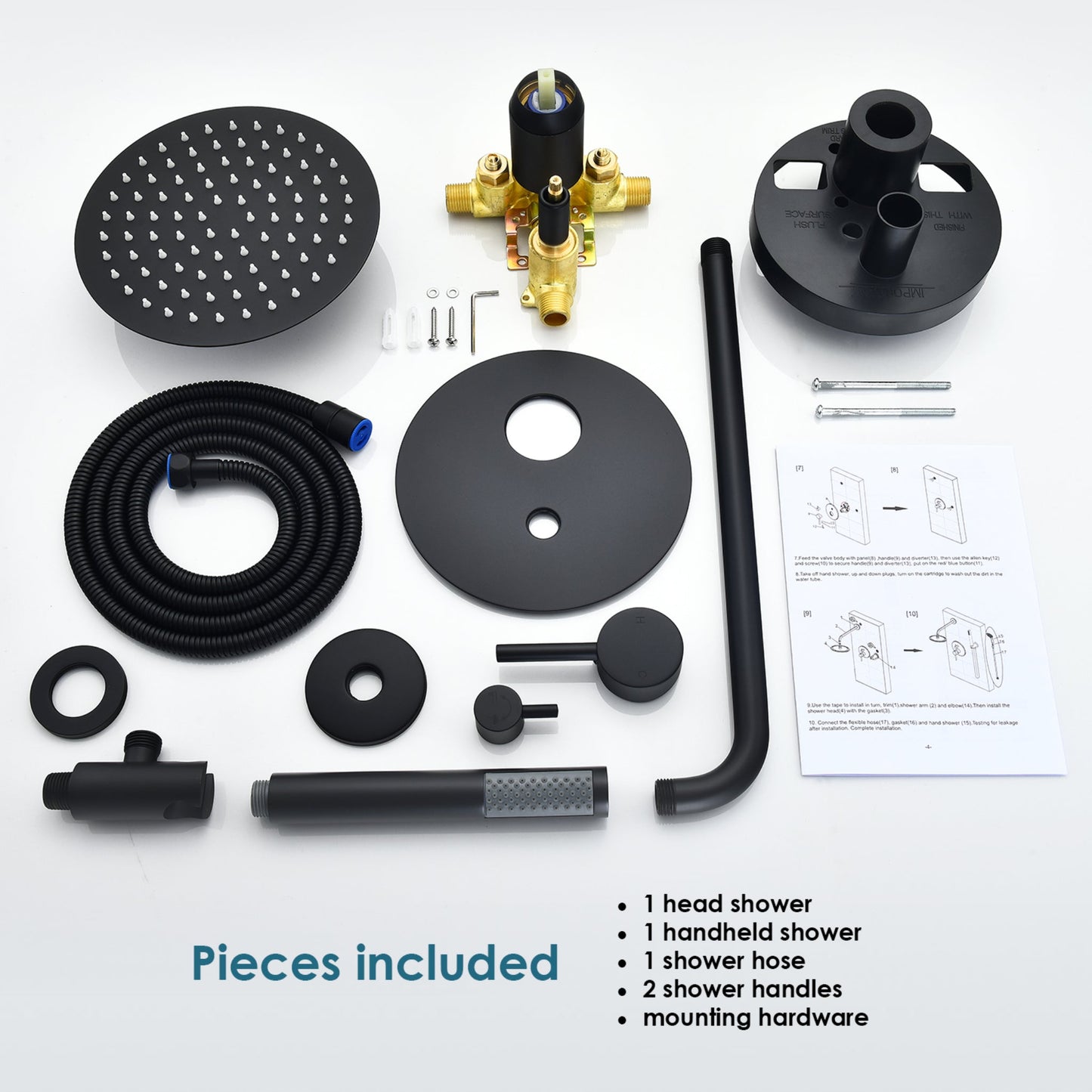 Altair Herne Matte Black Complete Shower System With 8" Round Rain Shower Head and Rough-In Valve