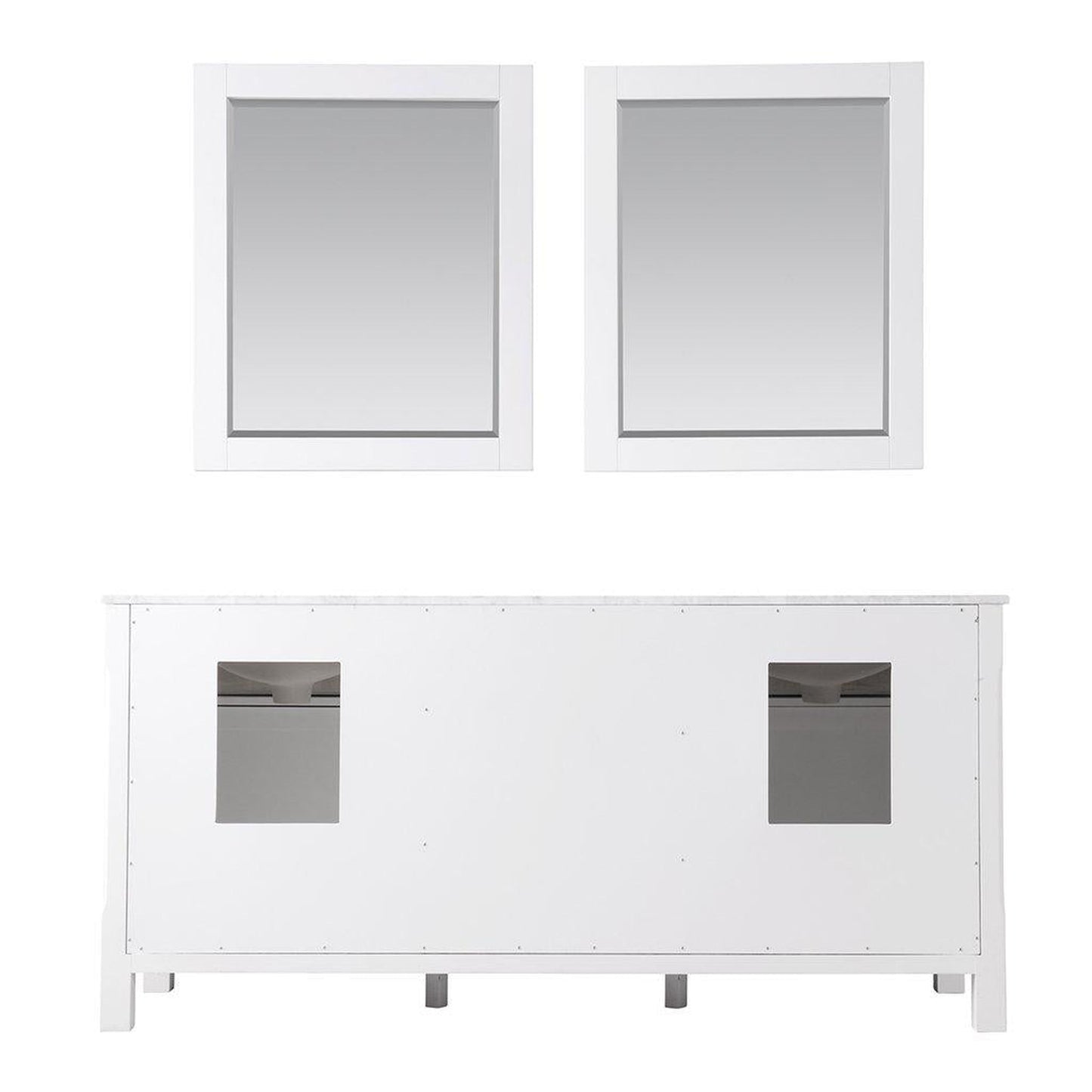 Altair Maribella 72" Double White Freestanding Bathroom Vanity Set With Mirror, Natural Carrara White Marble Top, Two Rectangular Undermount Ceramic Sinks, and Overflow