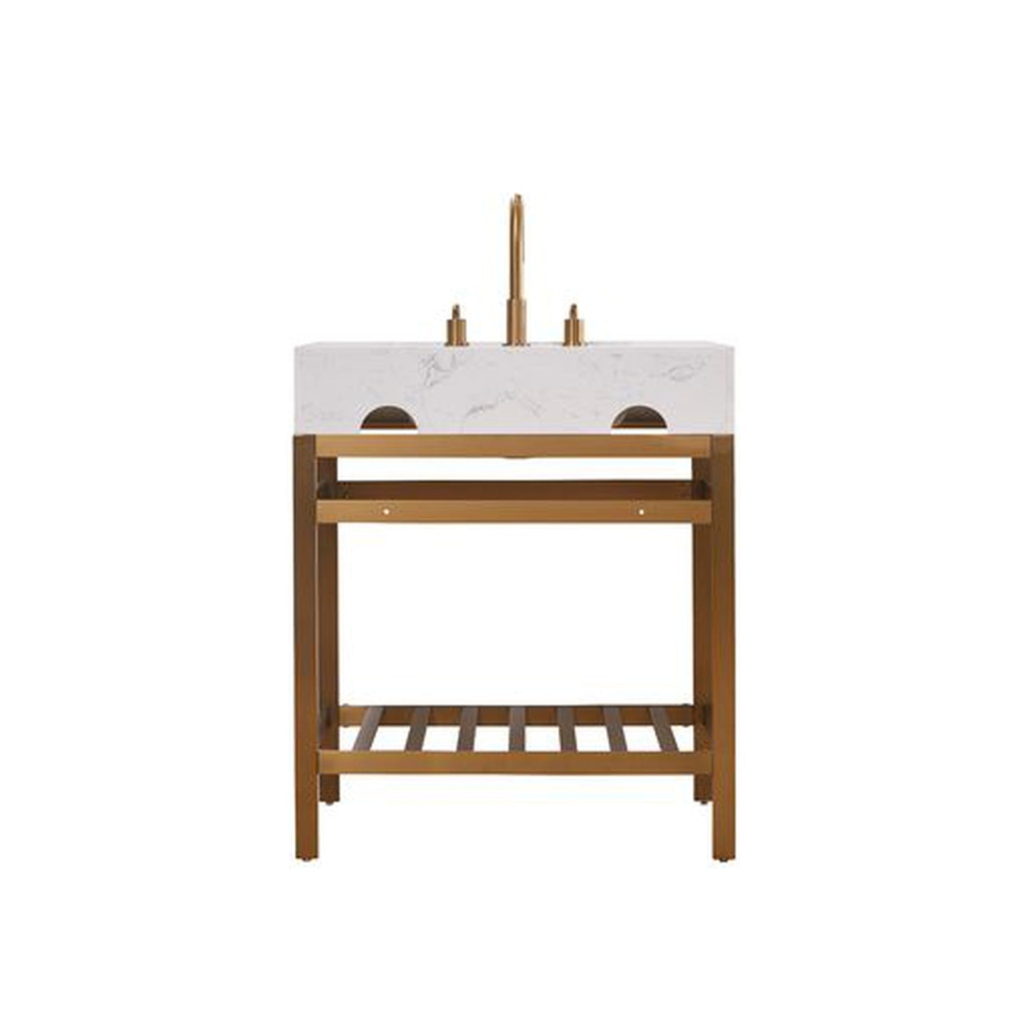 Altair Merano 30" Brushed Gold Single Stainless Steel Bathroom Vanity Set Console With Aosta White Stone Top, Single Rectangular Undermount Ceramic Sink, and Safety Overflow Hole