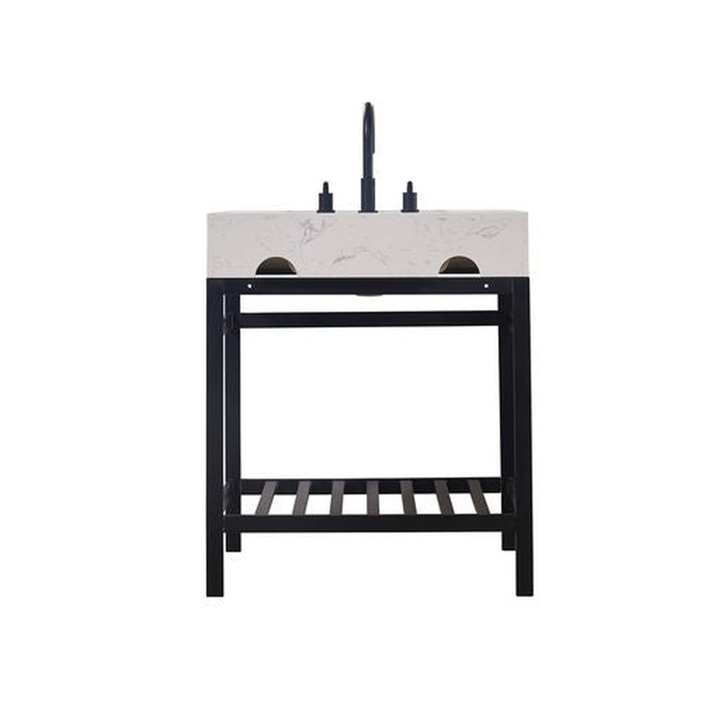 Altair Merano 30" Matte Black Single Stainless Steel Bathroom Vanity Set Console With Mirror, Aosta White Stone Top, Single Rectangular Undermount Ceramic Sink, and Safety Overflow Hole