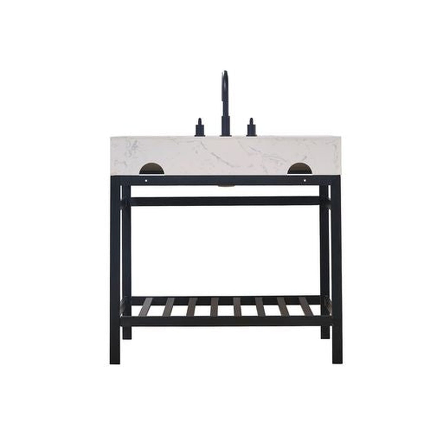 Altair Merano 36" Matte Black Single Stainless Steel Bathroom Vanity Set Console With Mirror, Aosta White Stone Top, Single Rectangular Undermount Ceramic Sink, and Safety Overflow Hole