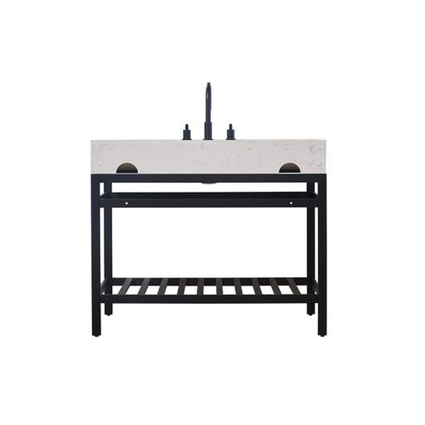 Altair Merano 42" Matte Black Single Stainless Steel Bathroom Vanity Set Console With Mirror, Aosta White Stone Top, Single Rectangular Undermount Ceramic Sink, and Safety Overflow Hole