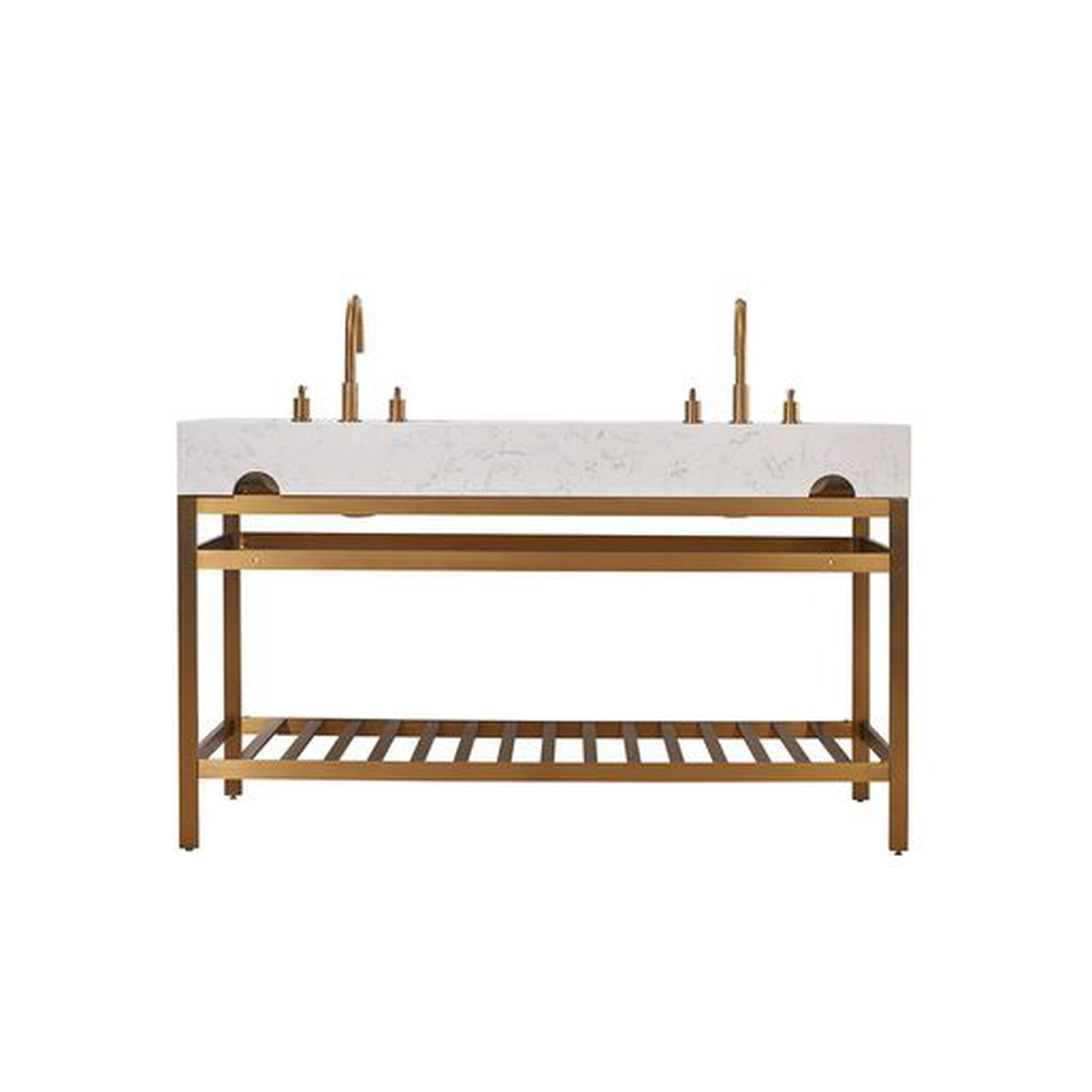 Altair Merano 60" Brushed Gold Double Stainless Steel Bathroom Vanity Set Console With Aosta White Stone Top, Two Rectangular Undermount Ceramic Sinks, and Safety Overflow Hole