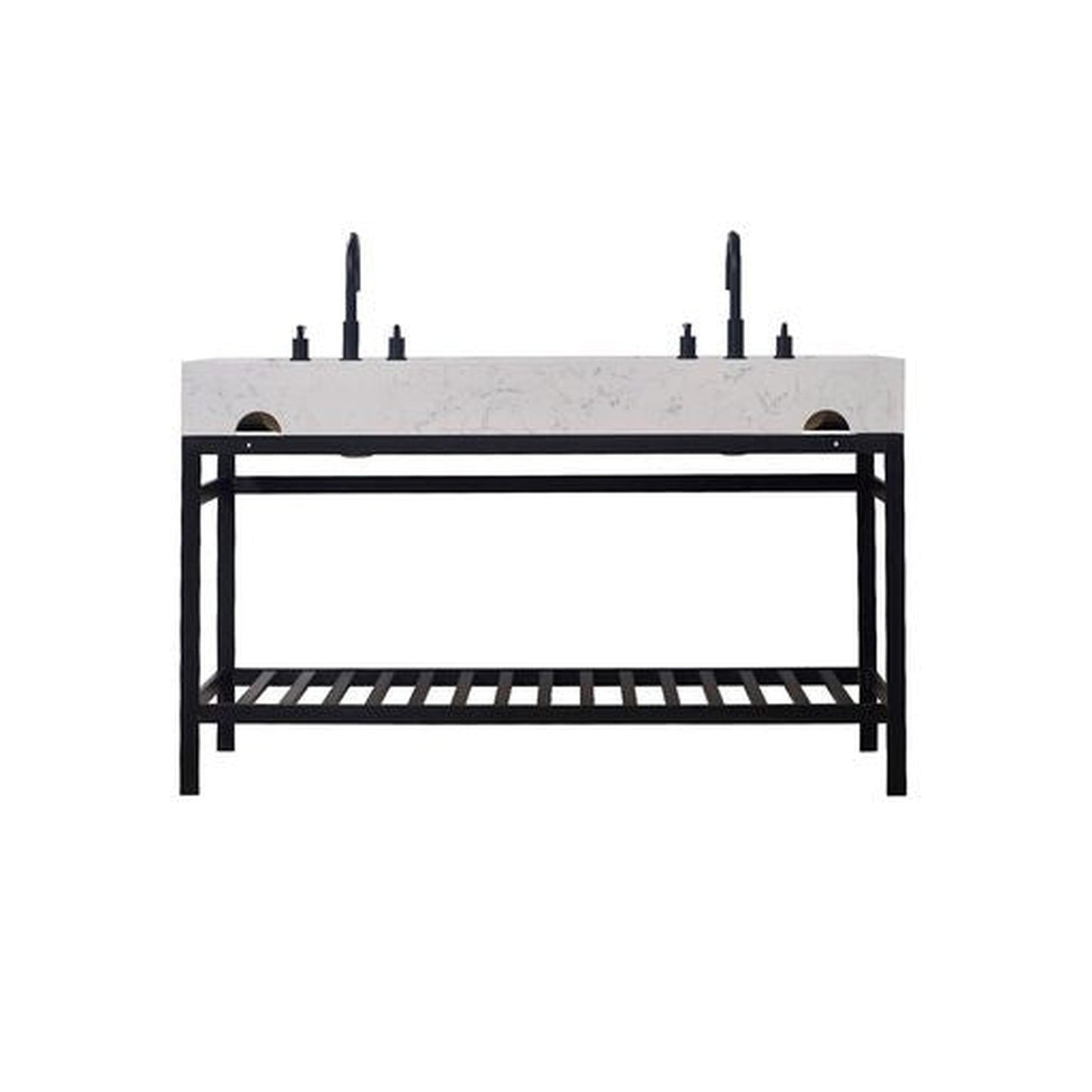 Altair Merano 60" Matte Black Double Stainless Steel Bathroom Vanity Set Console With Aosta White Stone Top, Two Rectangular Undermount Ceramic Sinks, and Safety Overflow Hole