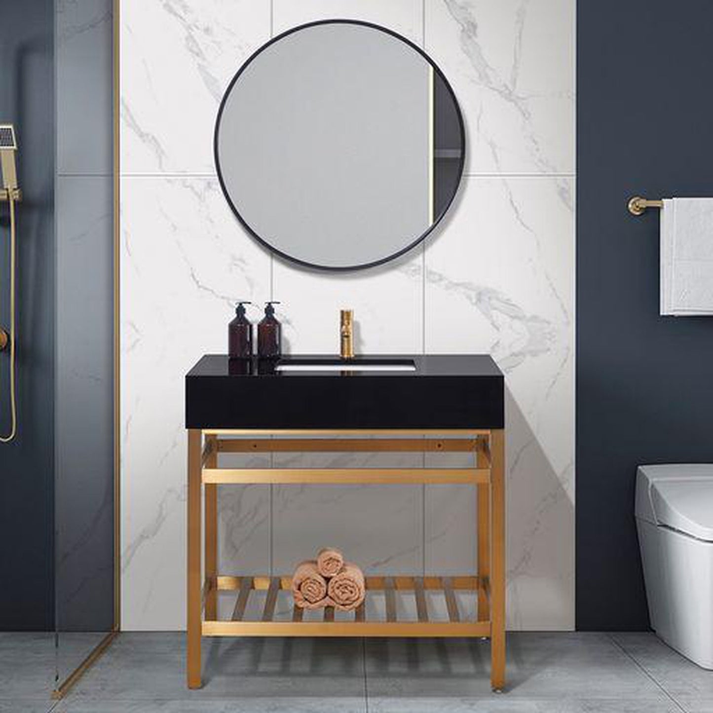 Altair Nauders 36" x 22" Imperial Black Apron Composite Stone Bathroom Vanity Top With White Sink