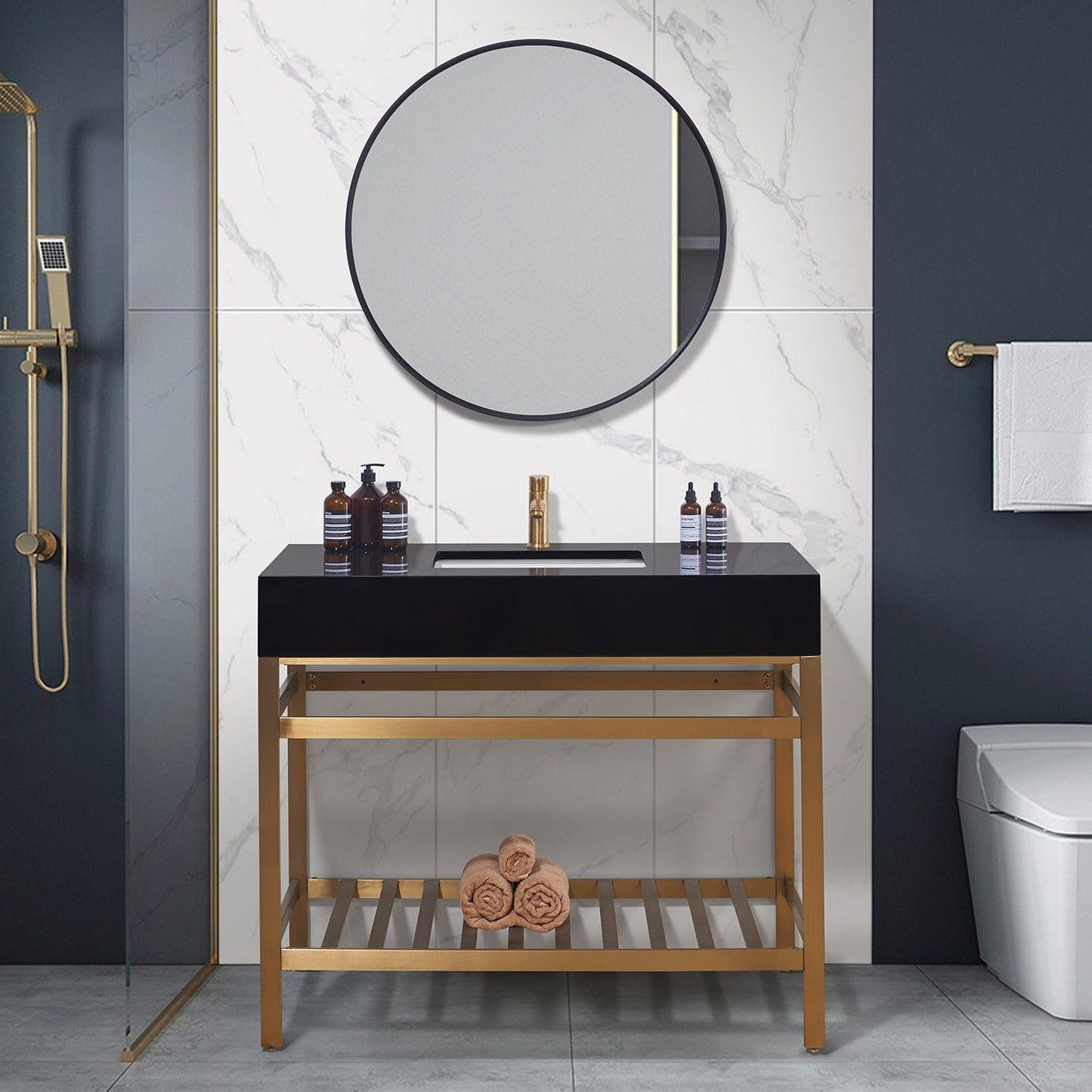 Altair Nauders 42" x 22" Imperial Black Apron Composite Stone Bathroom Vanity Top With White SInk