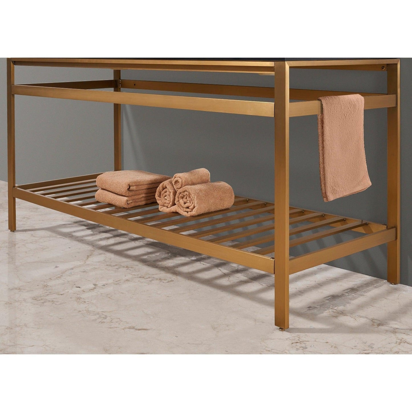 Altair Nauders 60" Brushed Gold Double Stainless Steel Bathroom Vanity Set Console With Imperial Black Stone Top, Two Rectangular Undermount Ceramic Sinks, and Safety Overflow Hole