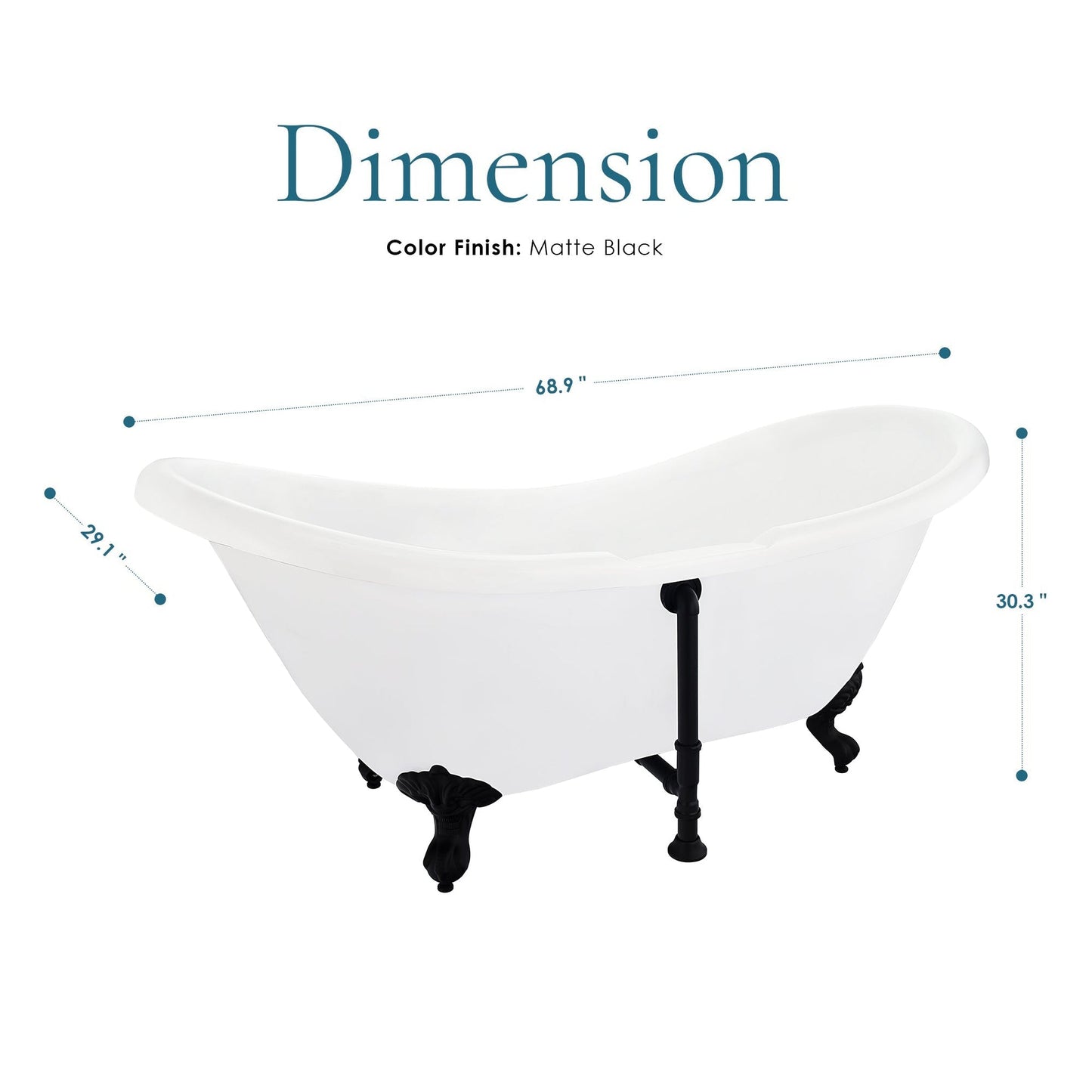 Altair Porva 69" x 29" White Acrylic Clawfoot Bathtub With Matte Black Drain and Overflow