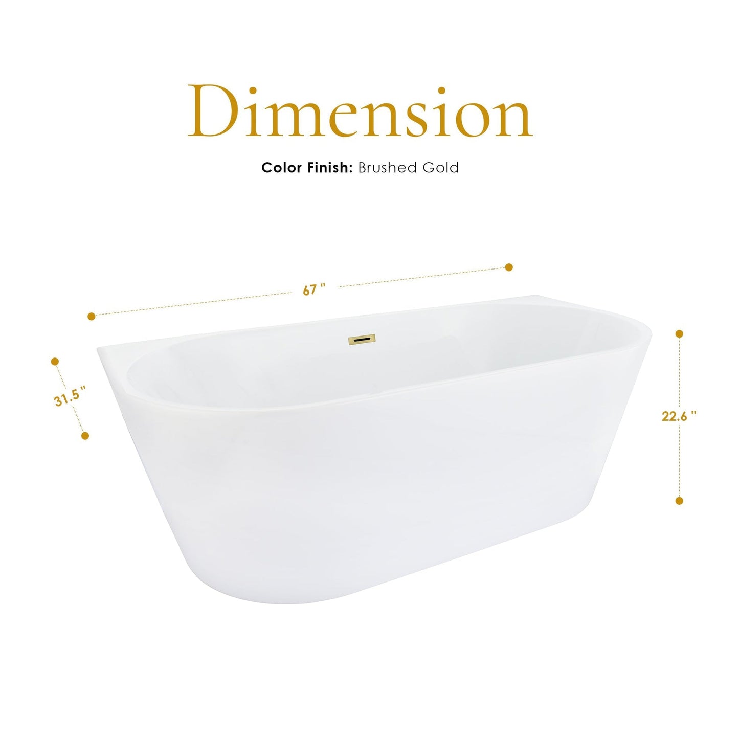 Altair Satchi 67" x 32" White Acrylic Freestanding Bathtub With Brushed Gold Drain and Overflow