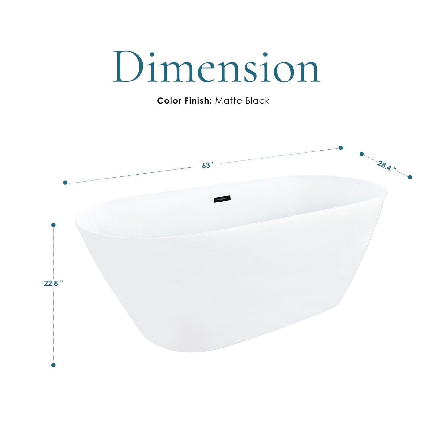 Altair Tazlar 63" x 28" White Acrylic Freestanding Bathtub With Matte Black Drain and Overflow