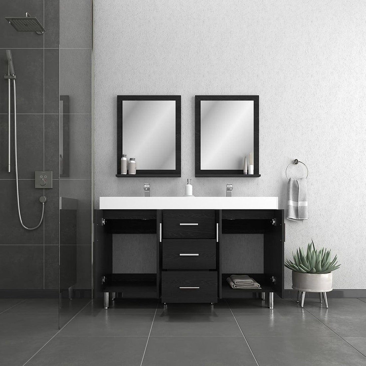 Alya Bath Ripley 60" Double Black Modern Freestanding Bathroom Vanity With Integrated Acrylic Top, Acrylic Sink and Wall Mounted Mirror