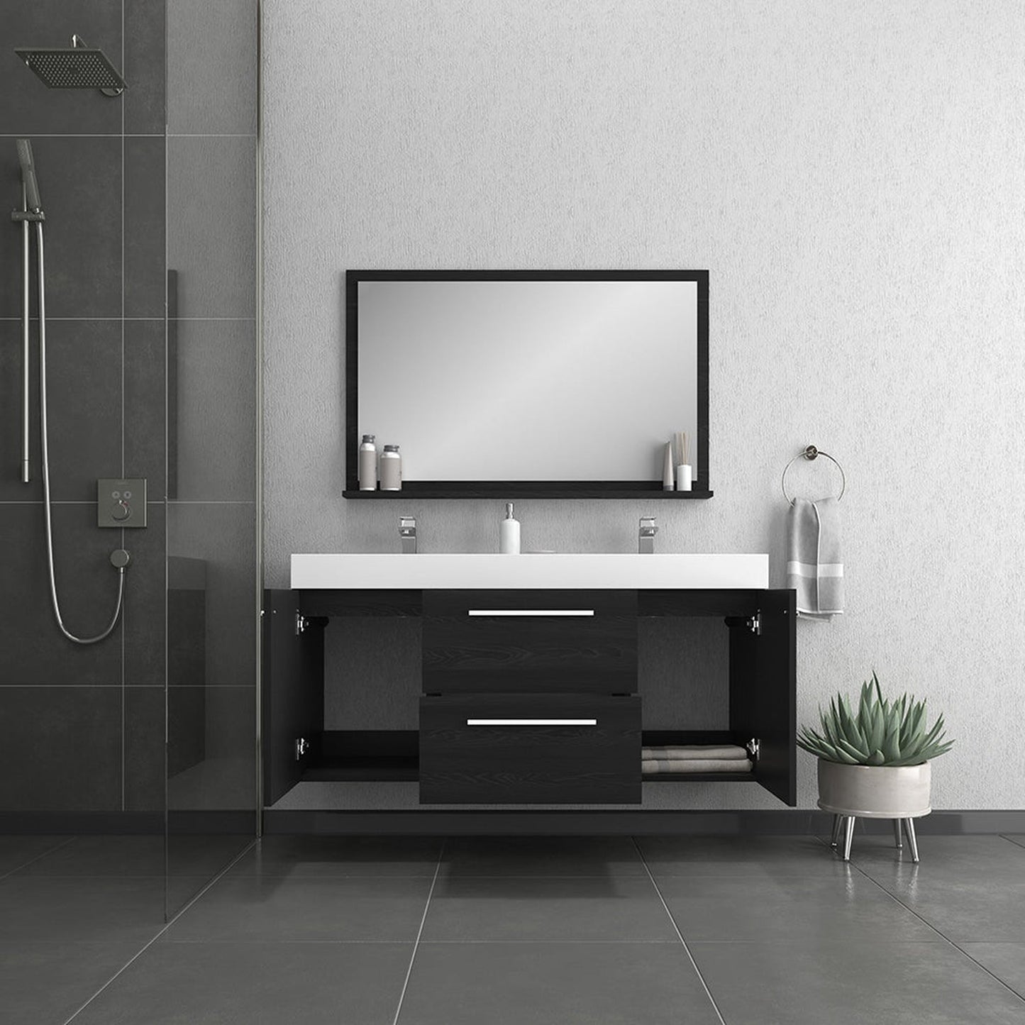 Alya Bath Ripley 60" Double Black Modern Wall Mounted Bathroom Vanity With Integrated Acrylic Top, Acrylic Sink and Wall Mounted Mirror