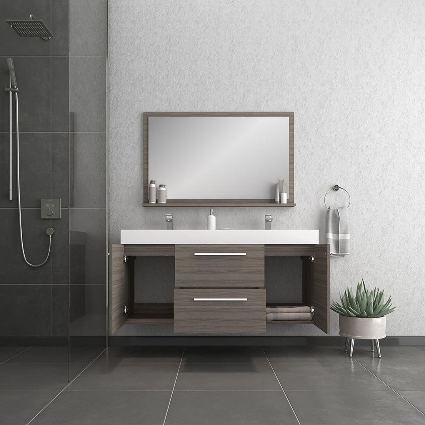 Alya Bath Ripley 60" Double Gray Modern Wall Mounted Bathroom Vanity With Integrated Acrylic Top, Acrylic Sink and Wall Mounted Mirror
